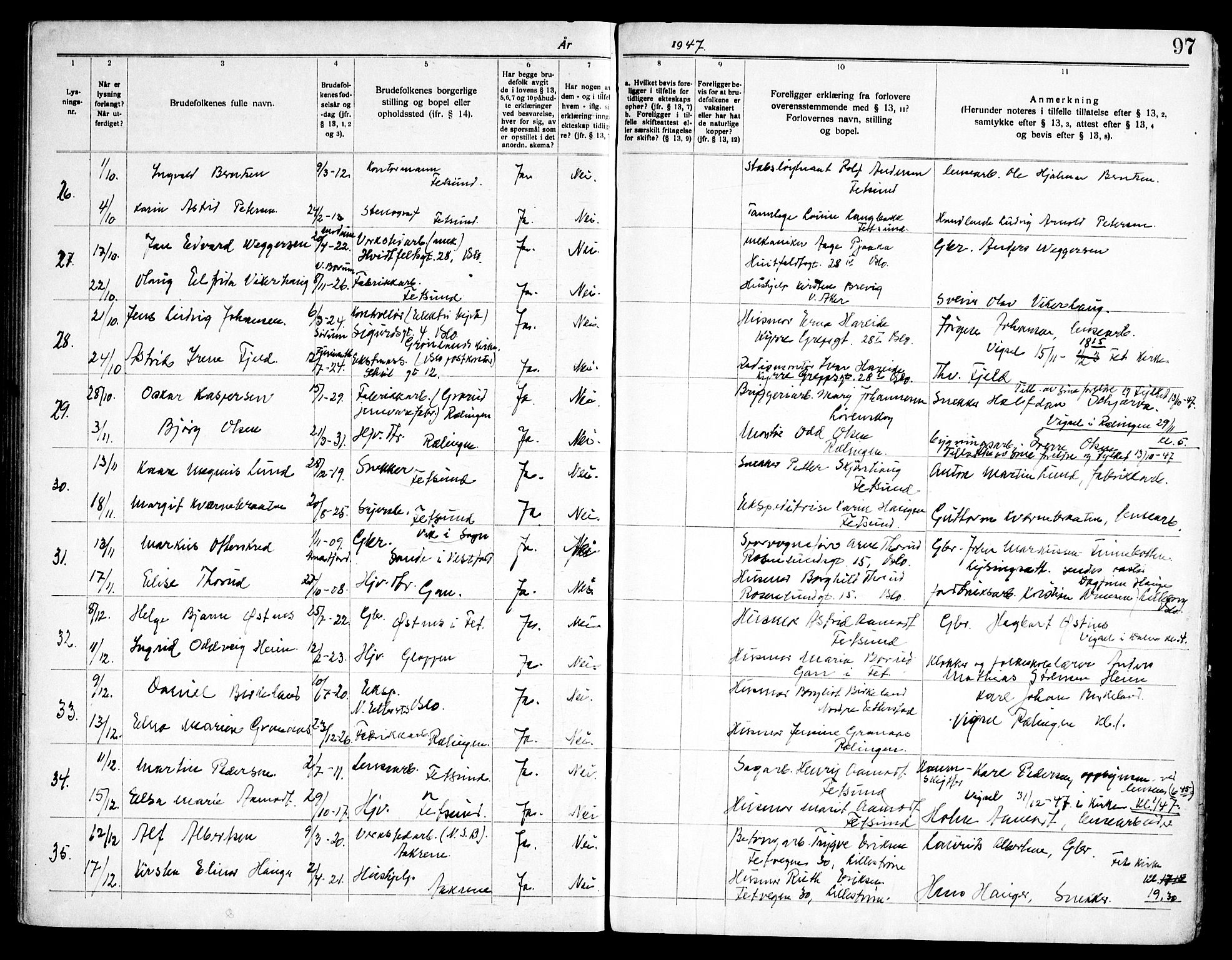 Fet prestekontor Kirkebøker, AV/SAO-A-10370a/H/Ha/L0002: Banns register no. 2, 1919-1948, p. 97