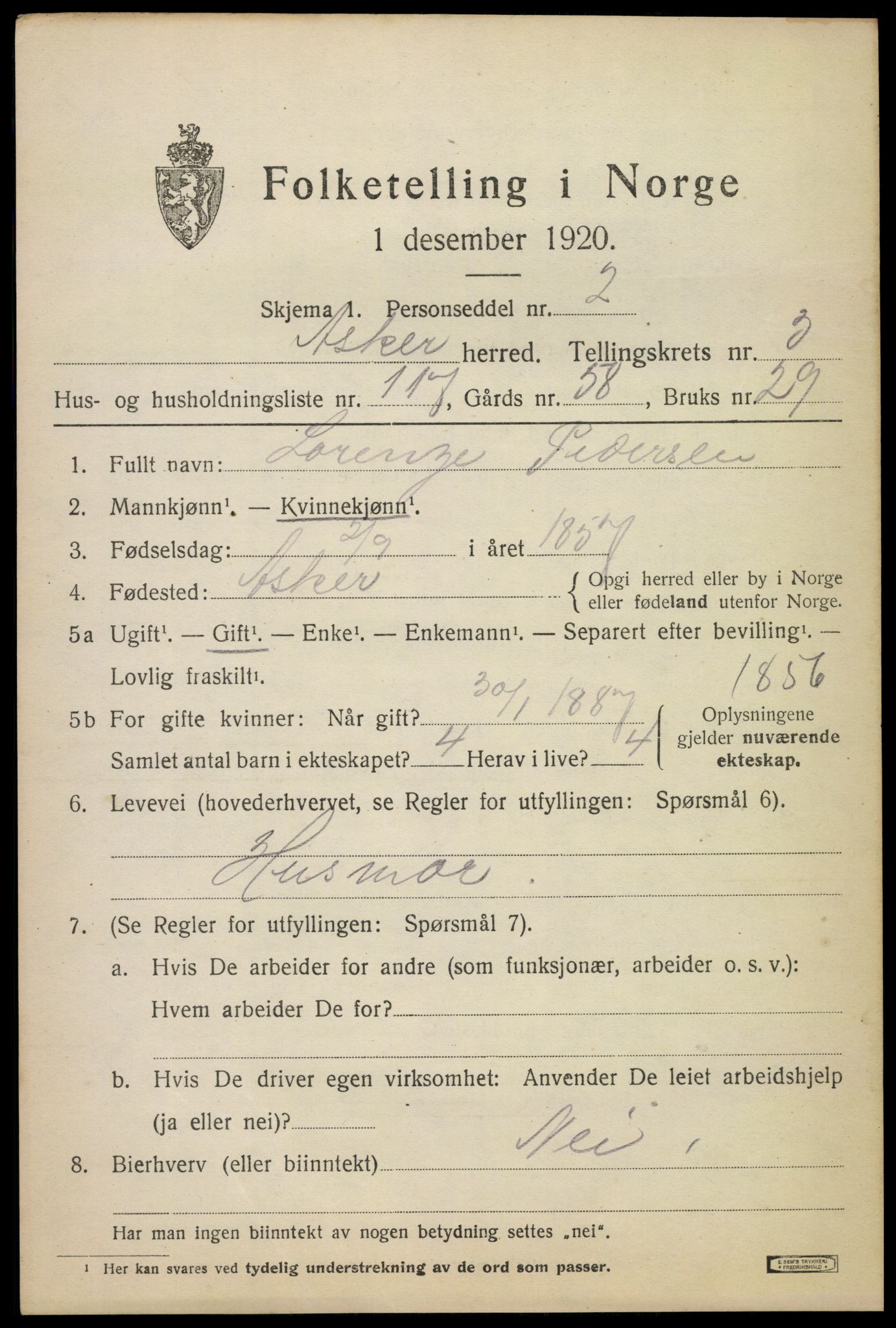 SAO, 1920 census for Asker, 1920, p. 9850