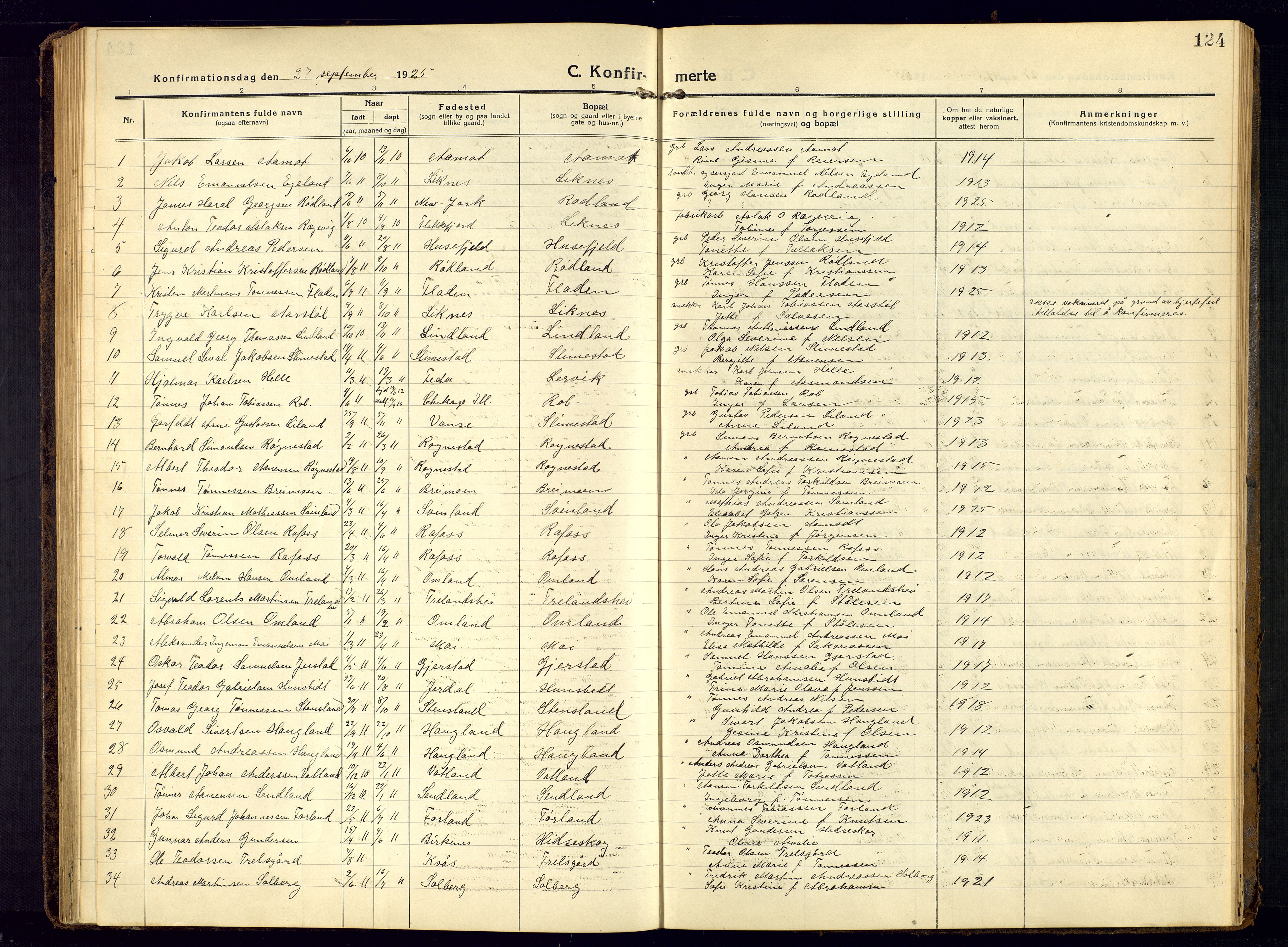 Kvinesdal sokneprestkontor, AV/SAK-1111-0026/F/Fb/Fbb/L0004: Parish register (copy) no. B 4, 1917-1938, p. 124