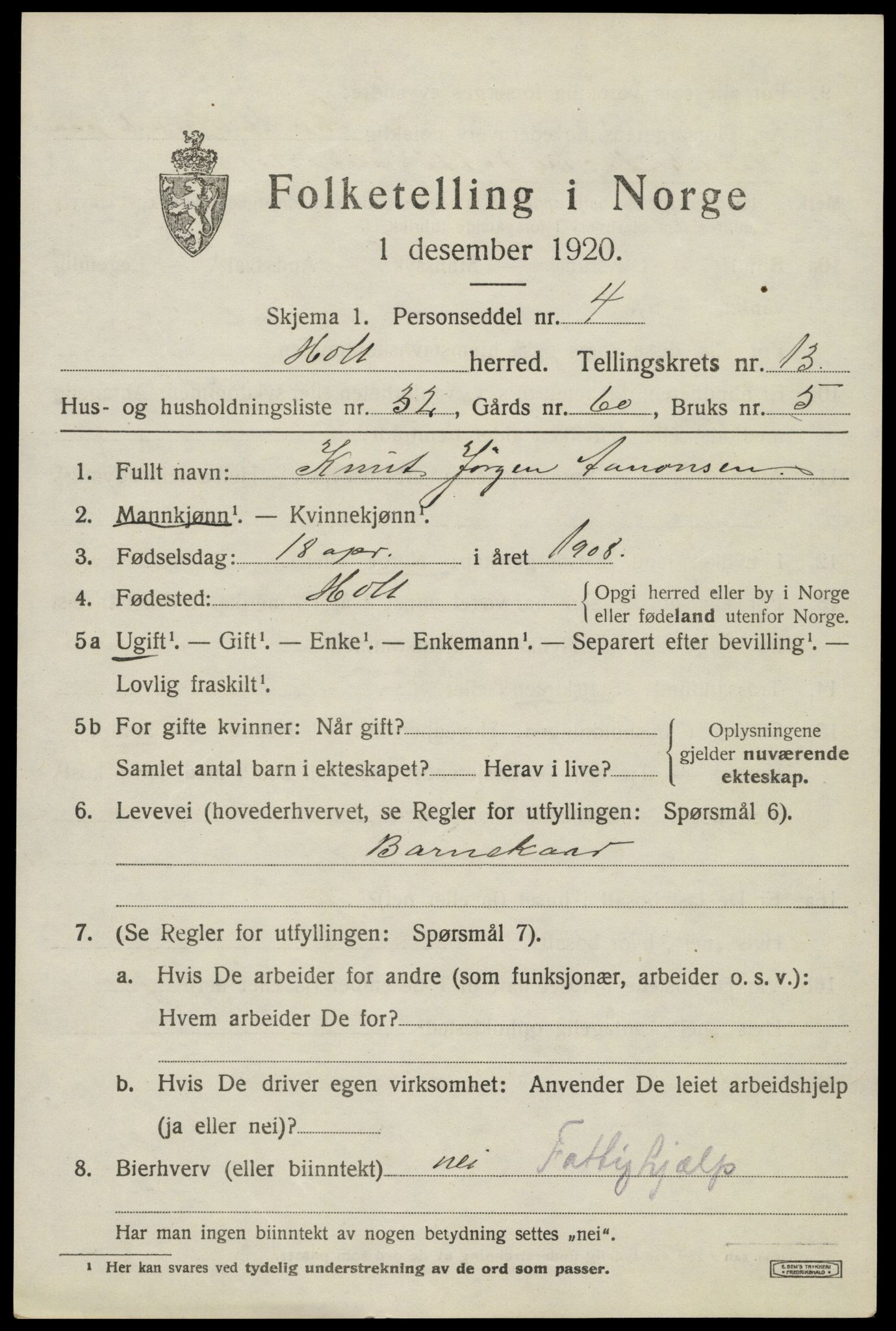 SAK, 1920 census for Holt, 1920, p. 7970