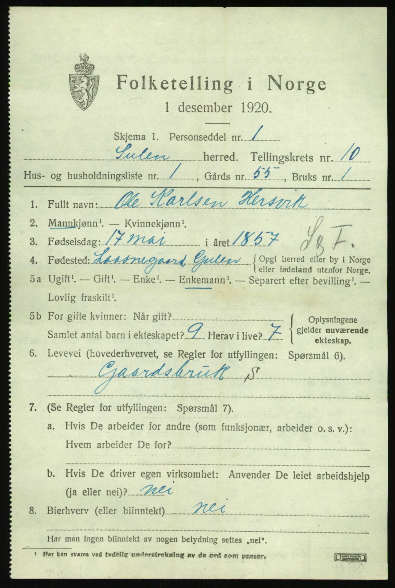 SAB, 1920 census for Solund, 1920, p. 3406