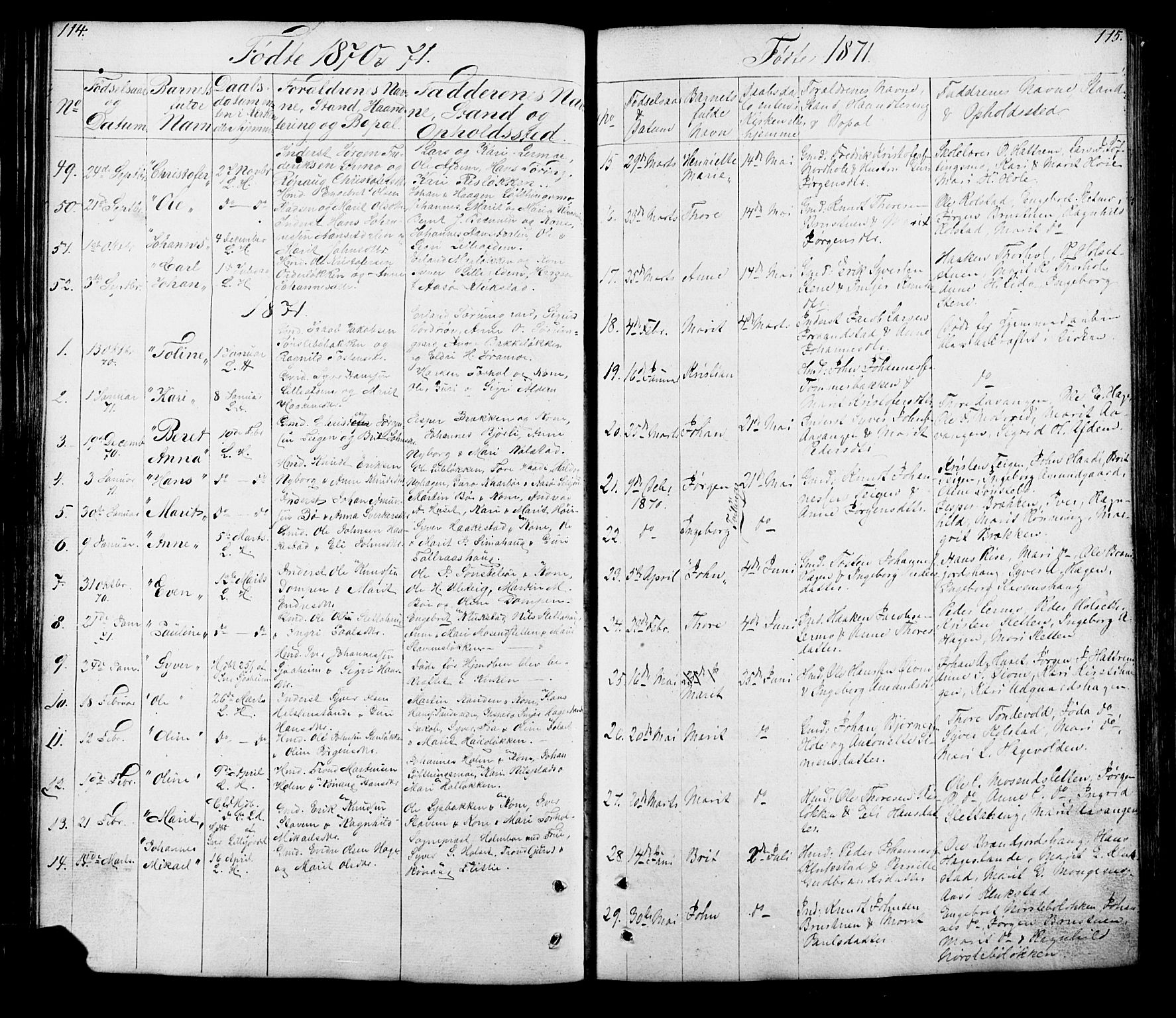 Lesja prestekontor, SAH/PREST-068/H/Ha/Hab/L0005: Parish register (copy) no. 5, 1850-1894, p. 114-115