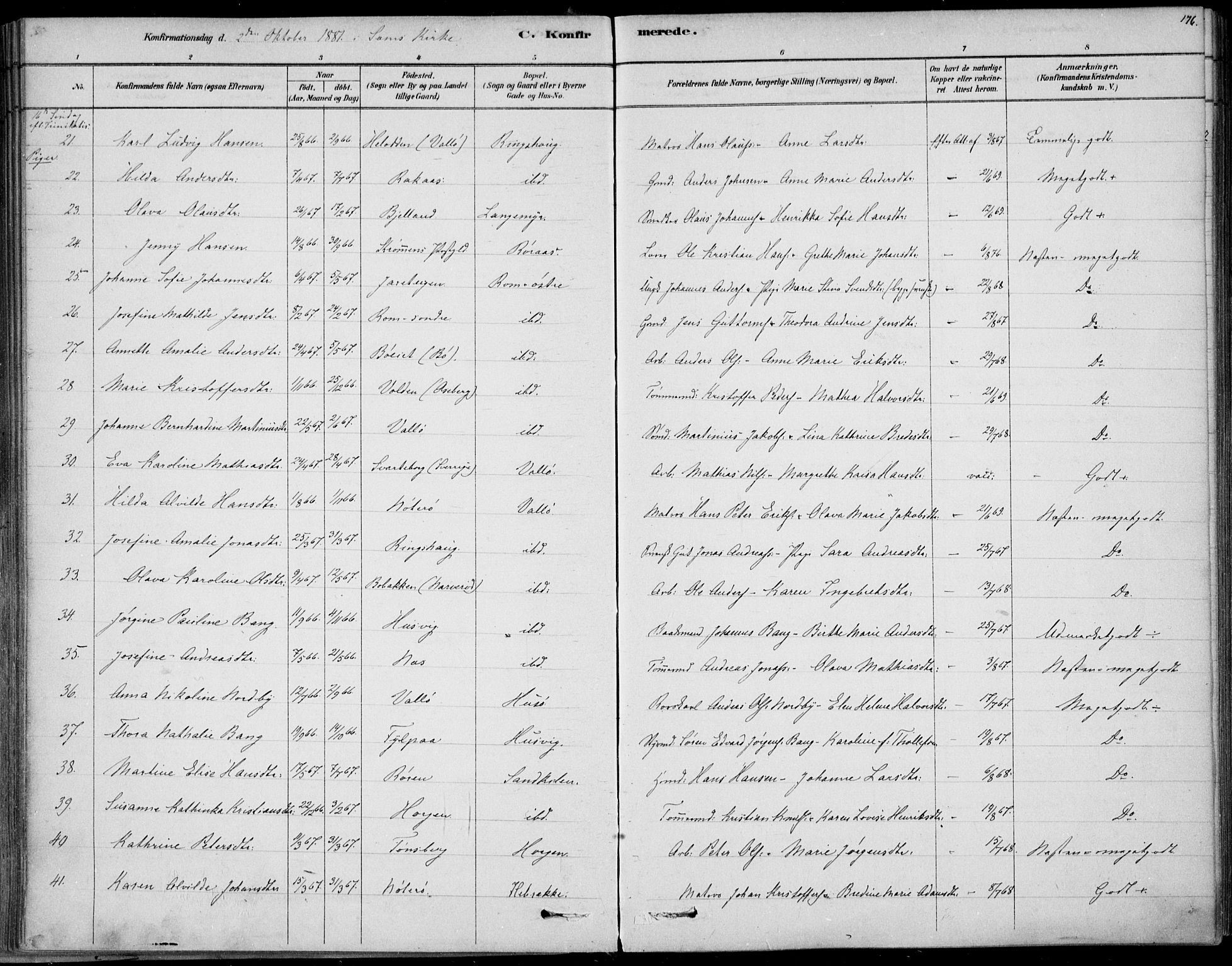 Sem kirkebøker, SAKO/A-5/F/Fb/L0004: Parish register (official) no. II 4, 1878-1891, p. 176