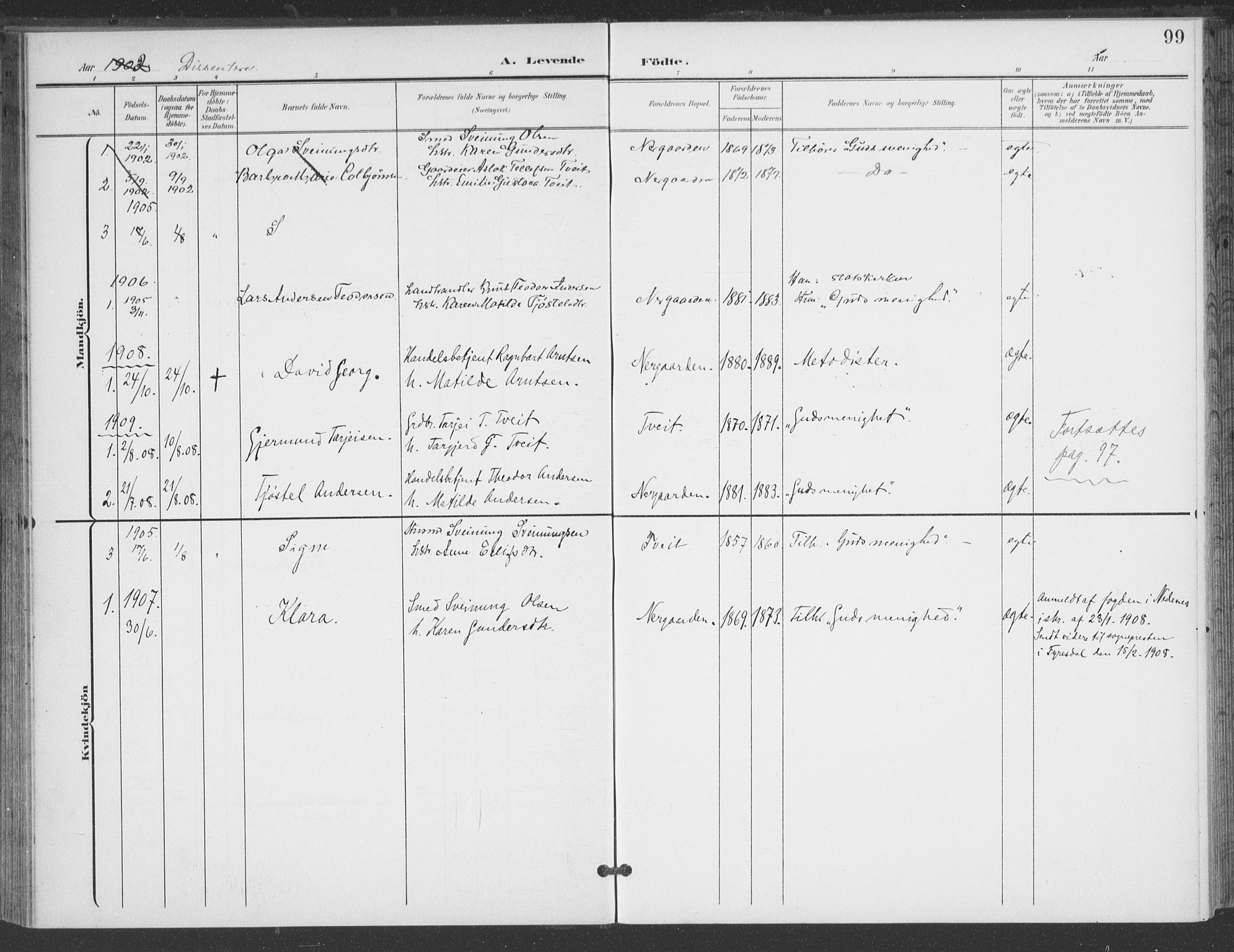 Åmli sokneprestkontor, AV/SAK-1111-0050/F/Fa/Fac/L0012: Parish register (official) no. A 12, 1900-1914, p. 99