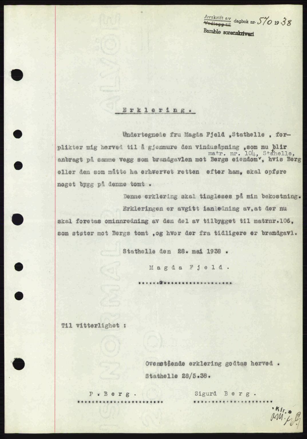 Bamble sorenskriveri, AV/SAKO-A-214/G/Ga/Gag/L0002: Mortgage book no. A-2, 1937-1938, Diary no: : 570/1938