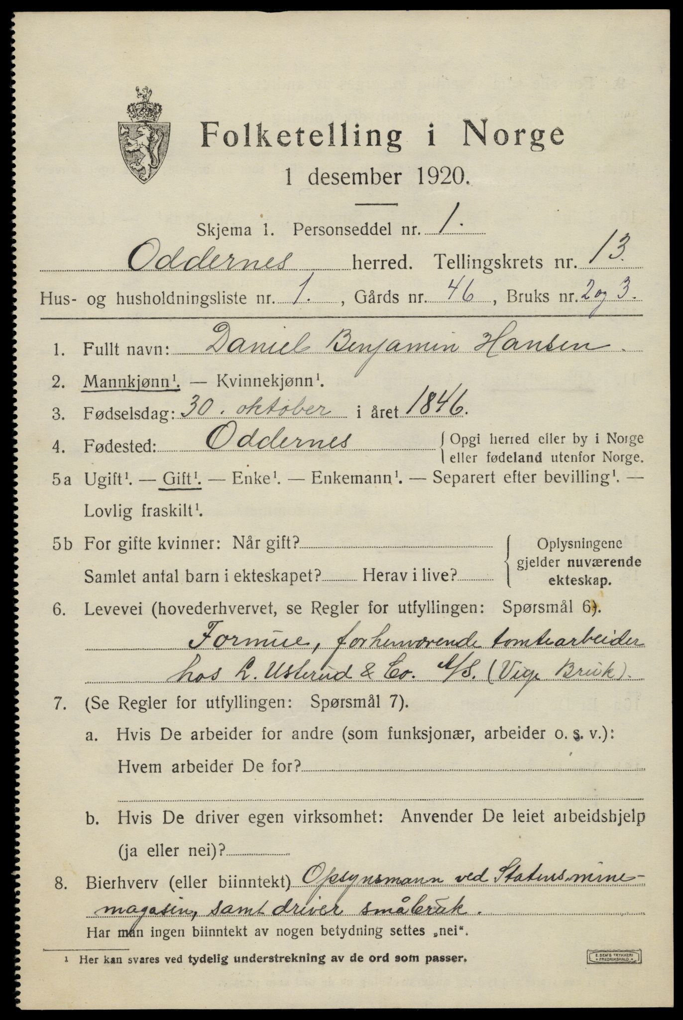 SAK, 1920 census for Oddernes, 1920, p. 7981