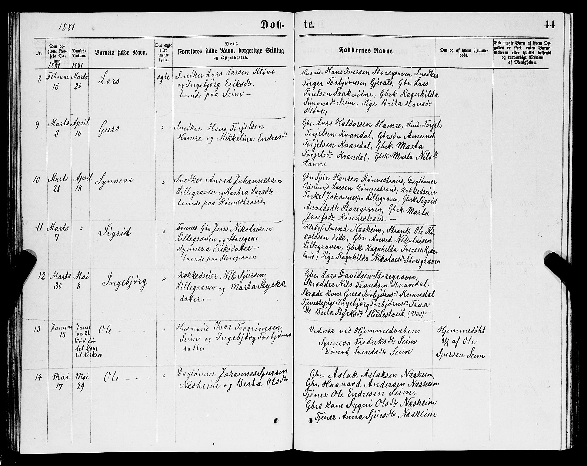 Ulvik sokneprestembete, AV/SAB-A-78801/H/Hab: Parish register (copy) no. B 2, 1869-1883, p. 44