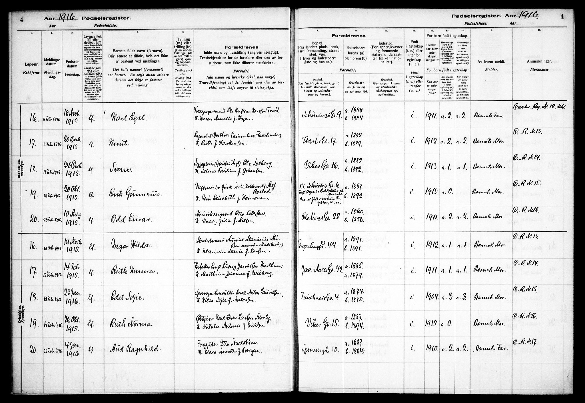 Fagerborg prestekontor Kirkebøker, AV/SAO-A-10844/J/Ja/L0001: Birth register no. 1, 1916-1925, p. 4