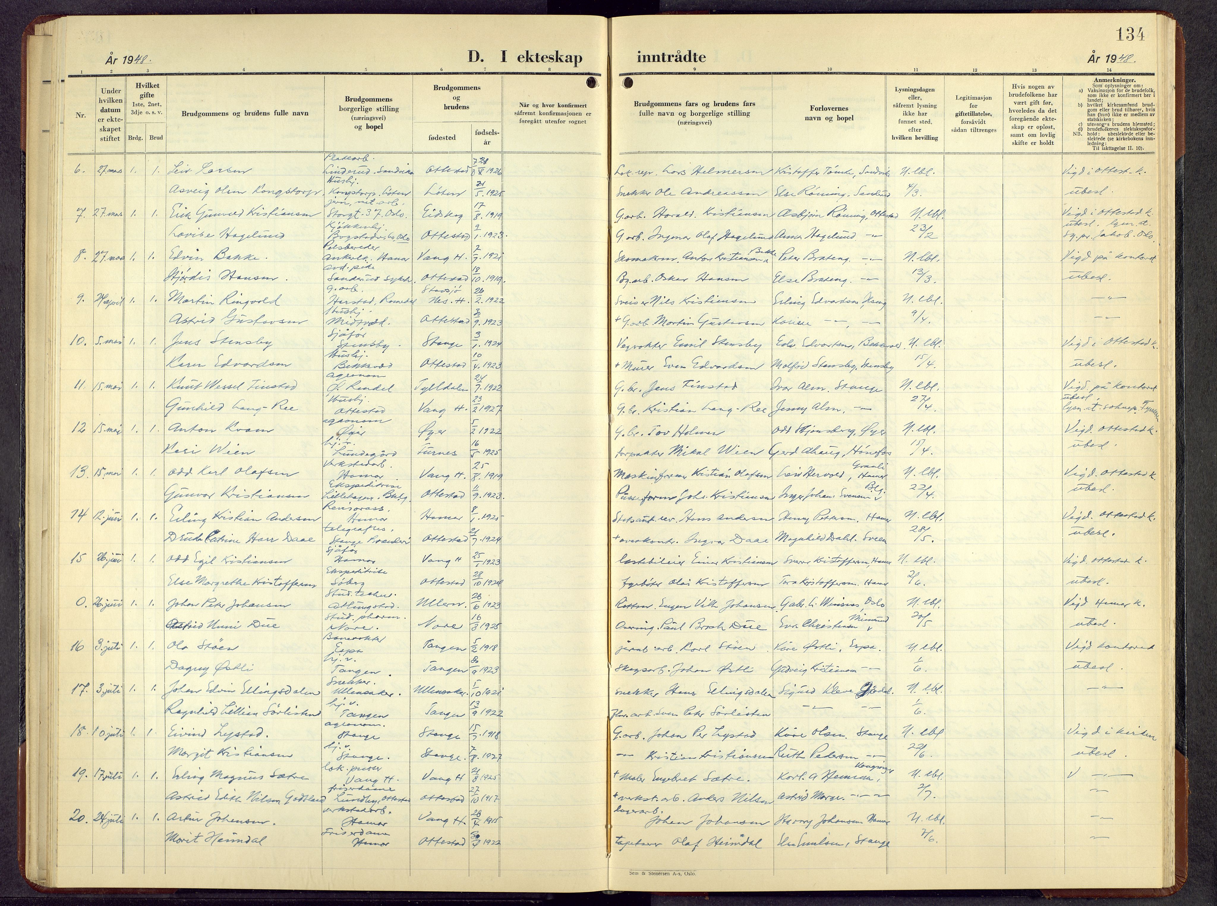 Stange prestekontor, AV/SAH-PREST-002/L/L0023: Parish register (copy) no. 23, 1948-1966, p. 134