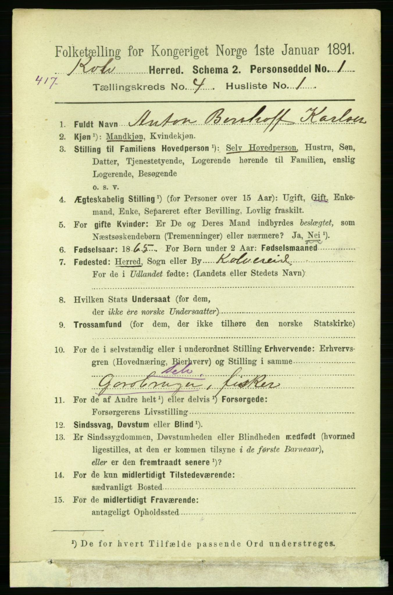 RA, 1891 census for 1752 Kolvereid, 1891, p. 1483