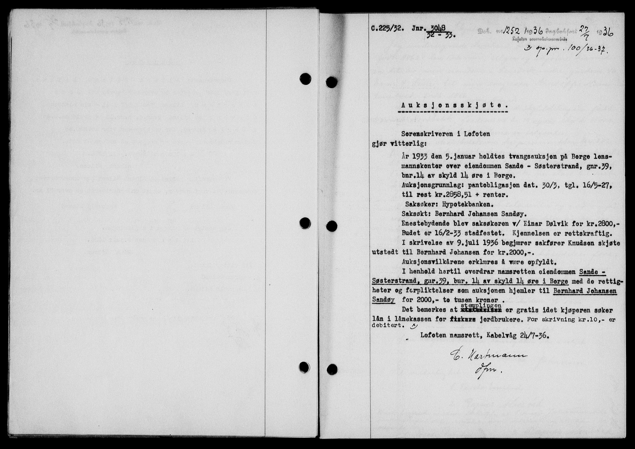Lofoten sorenskriveri, SAT/A-0017/1/2/2C/L0001a: Mortgage book no. 1a, 1936-1937, Diary no: : 1252/1936