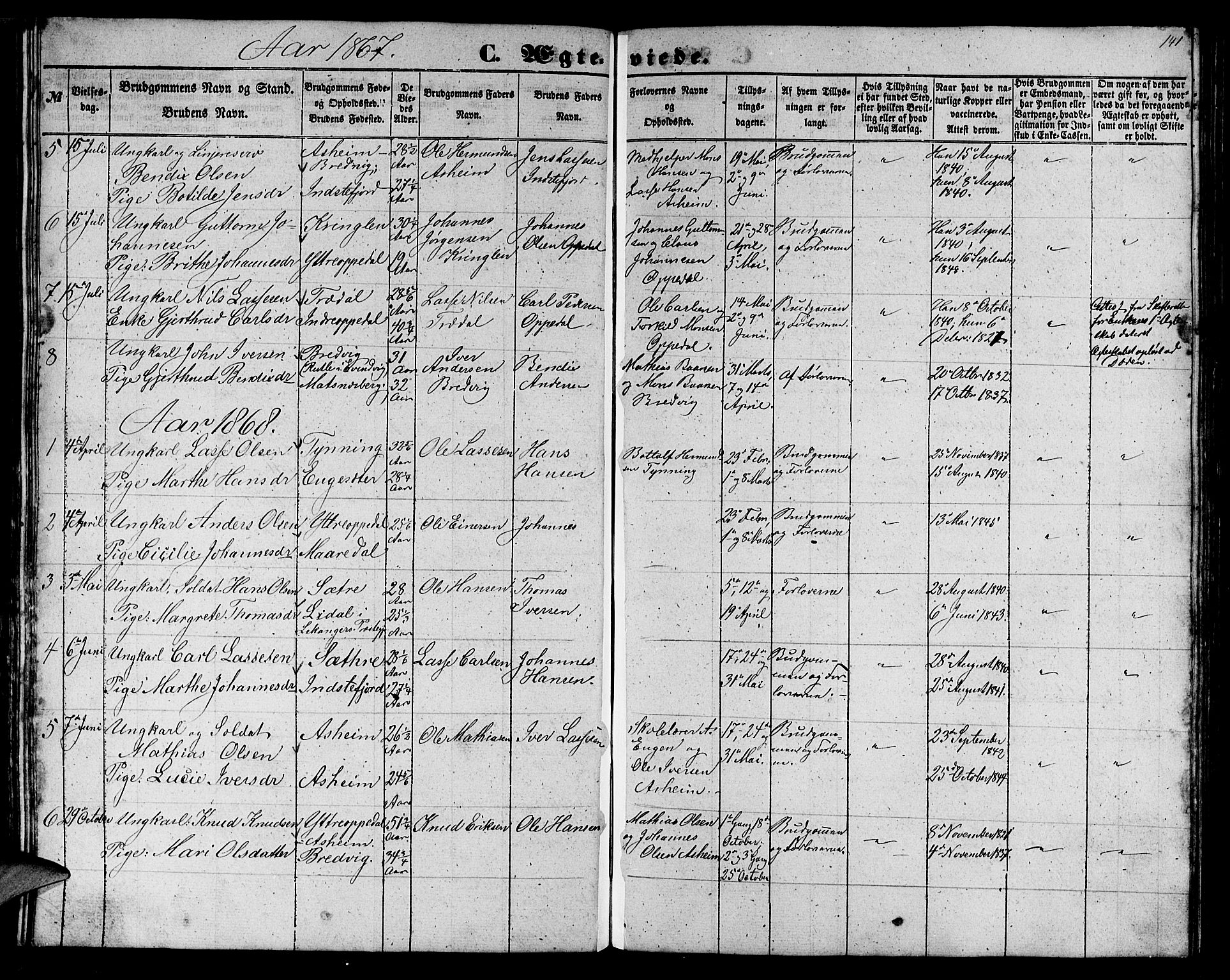 Gulen sokneprestembete, AV/SAB-A-80201/H/Hab/Habc/L0001: Parish register (copy) no. C 1, 1853-1880, p. 141