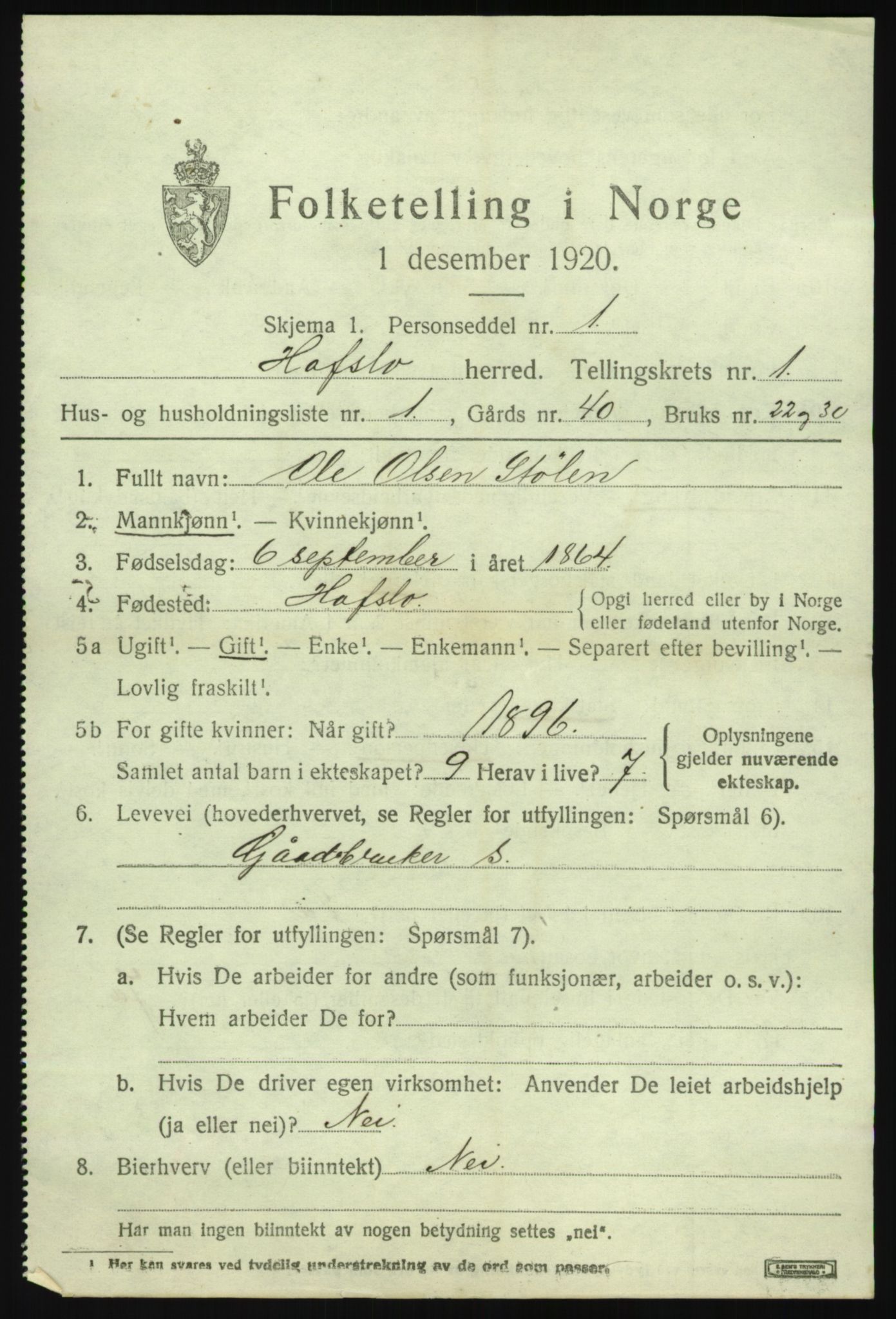 SAB, 1920 census for Hafslo, 1920, p. 1150