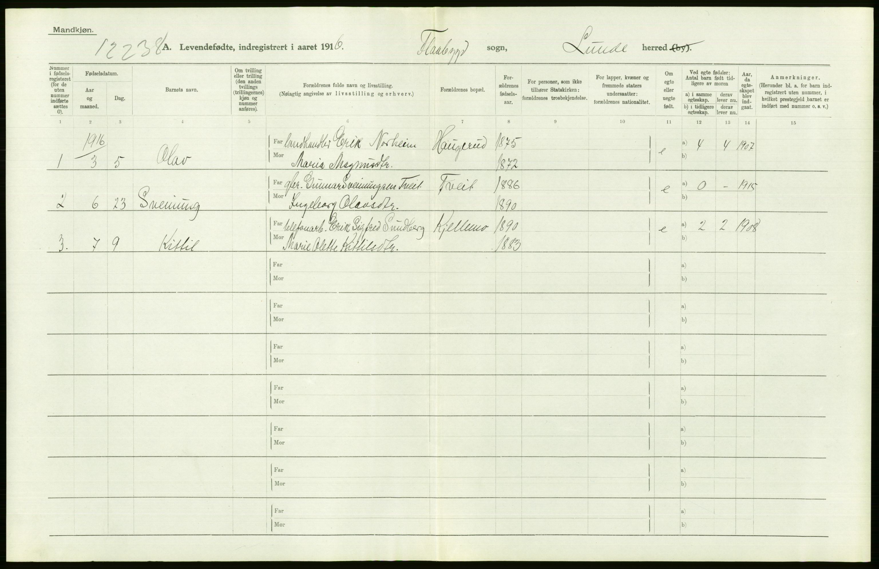 Statistisk sentralbyrå, Sosiodemografiske emner, Befolkning, AV/RA-S-2228/D/Df/Dfb/Dfbf/L0022: Bratsberg amt: Levendefødte menn og kvinner. Bygder., 1916, p. 298