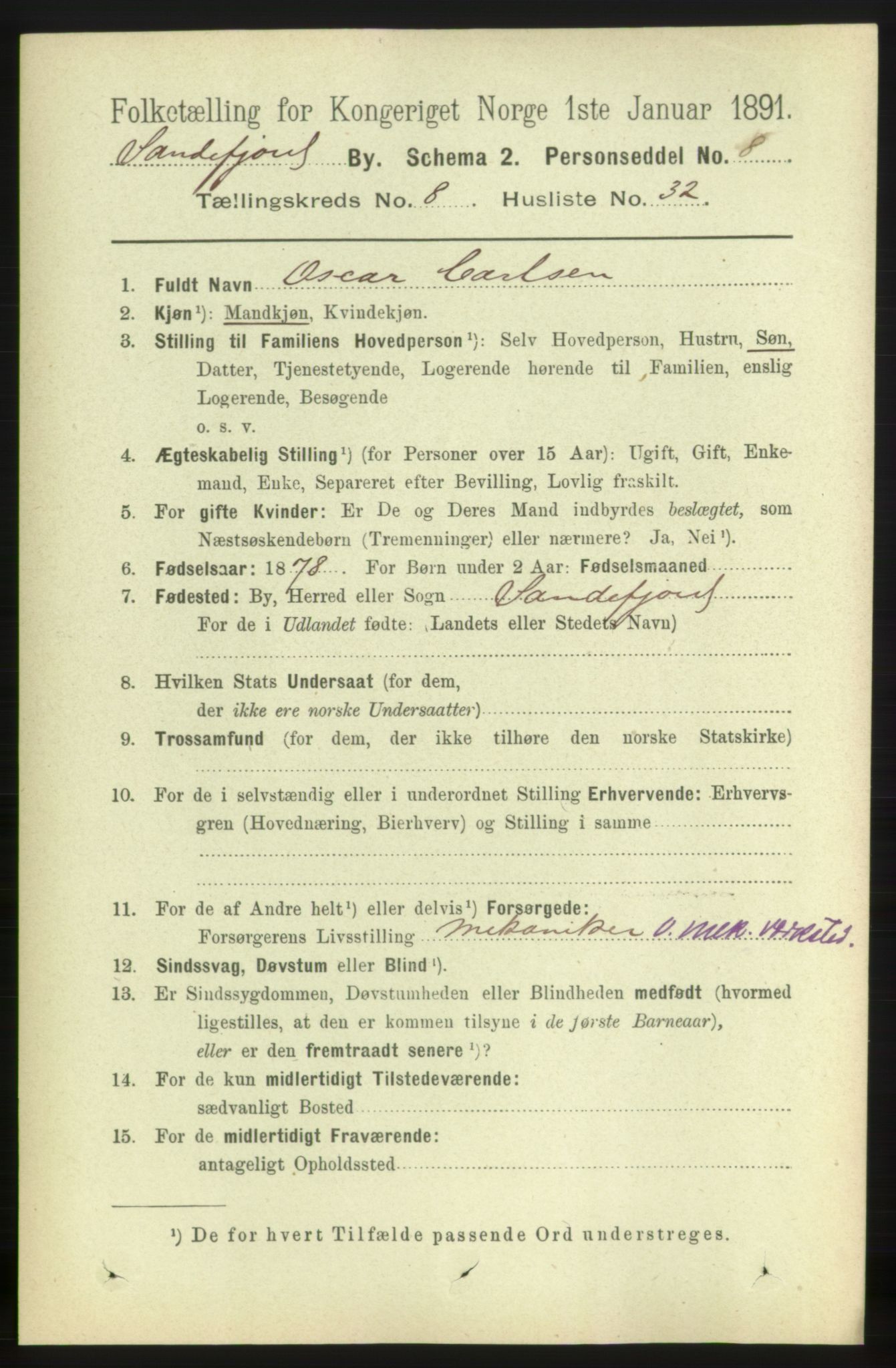 RA, 1891 census for 0706 Sandefjord, 1891, p. 3419