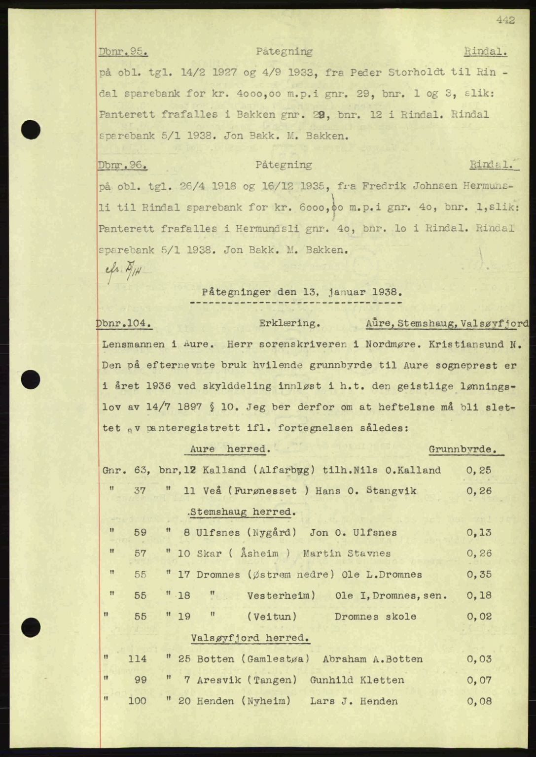 Nordmøre sorenskriveri, AV/SAT-A-4132/1/2/2Ca: Mortgage book no. C80, 1936-1939, Diary no: : 95/1938