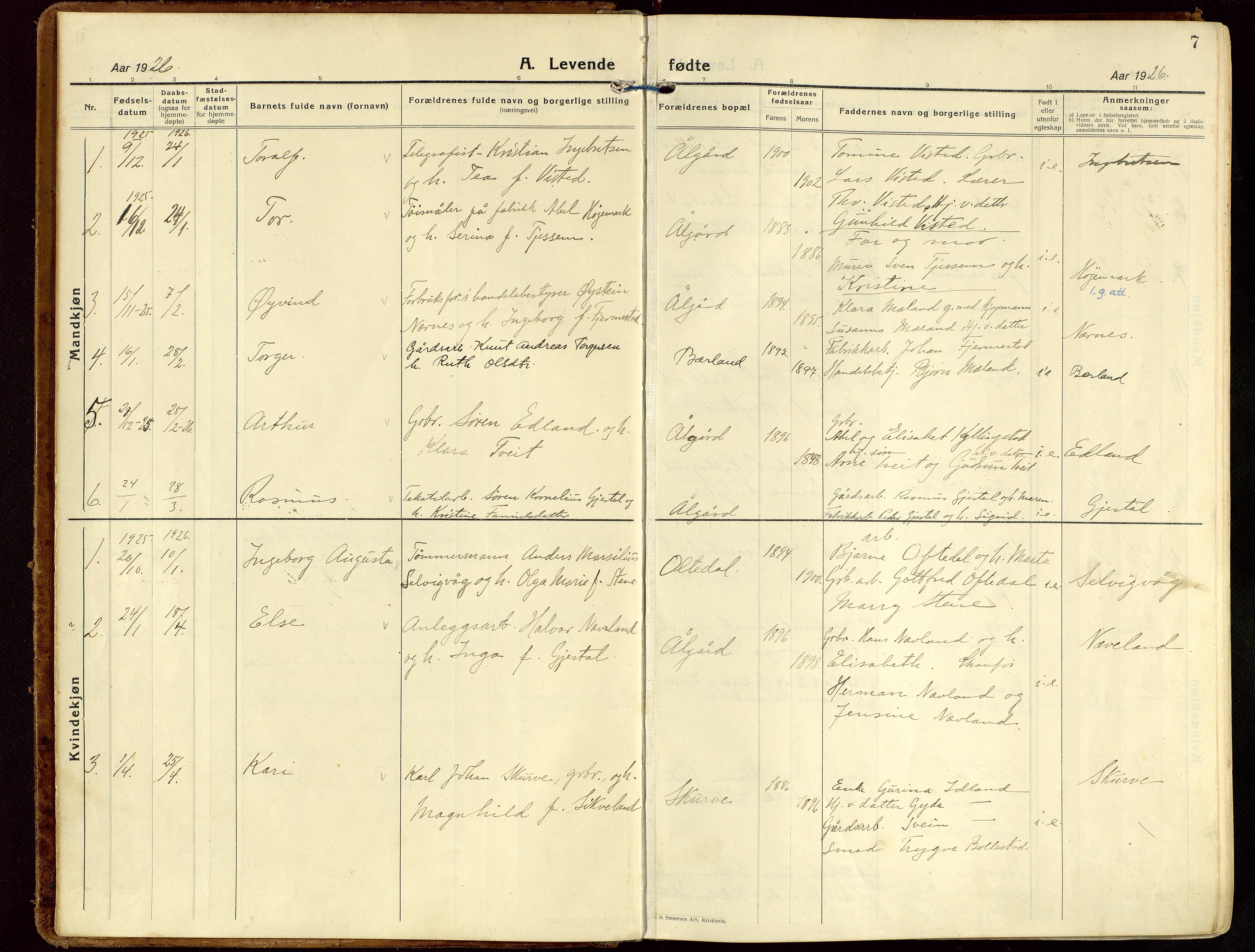 Gjesdal sokneprestkontor, AV/SAST-A-101796/003/O/L0001: Parish register (official) no. A 1, 1925-1949, p. 7