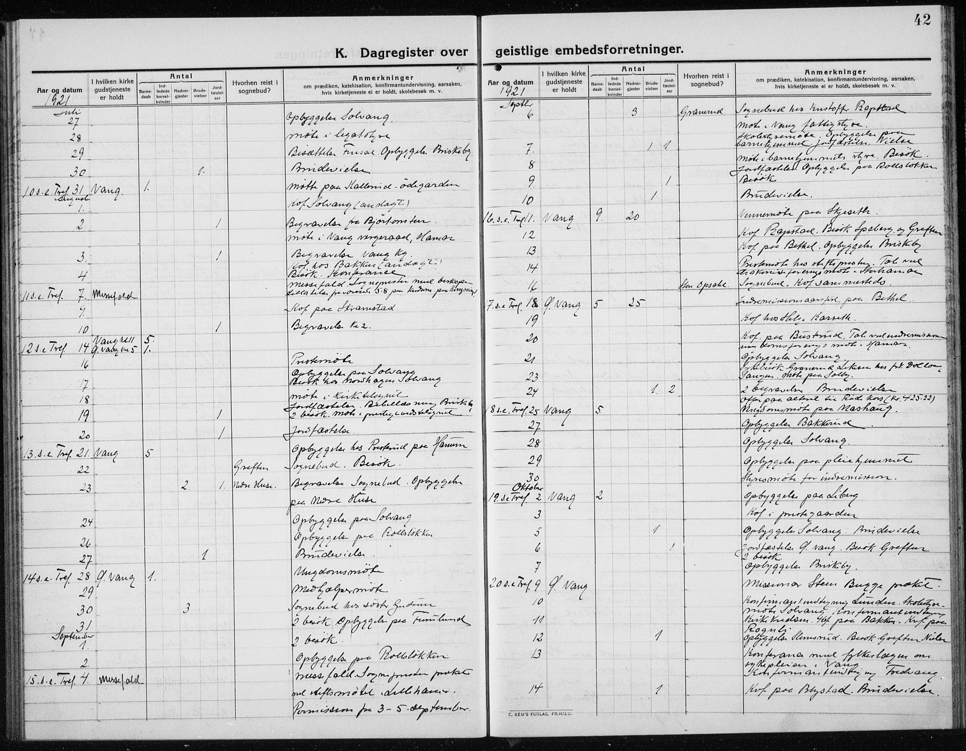 Vang prestekontor, Hedmark, SAH/PREST-008/H/Ha/Haa/L0020: Parish register (official) no. 20, 1911-1926, p. 42