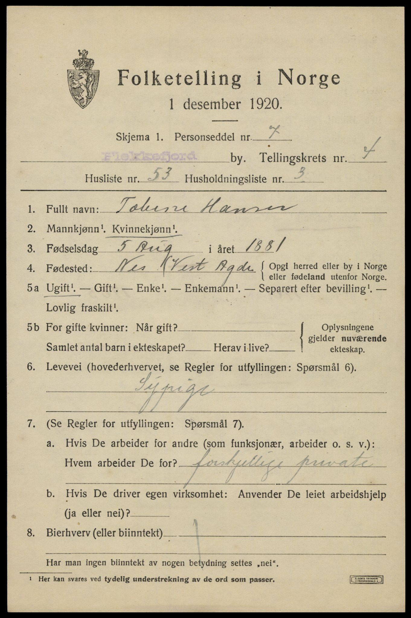 SAK, 1920 census for Flekkefjord, 1920, p. 5134