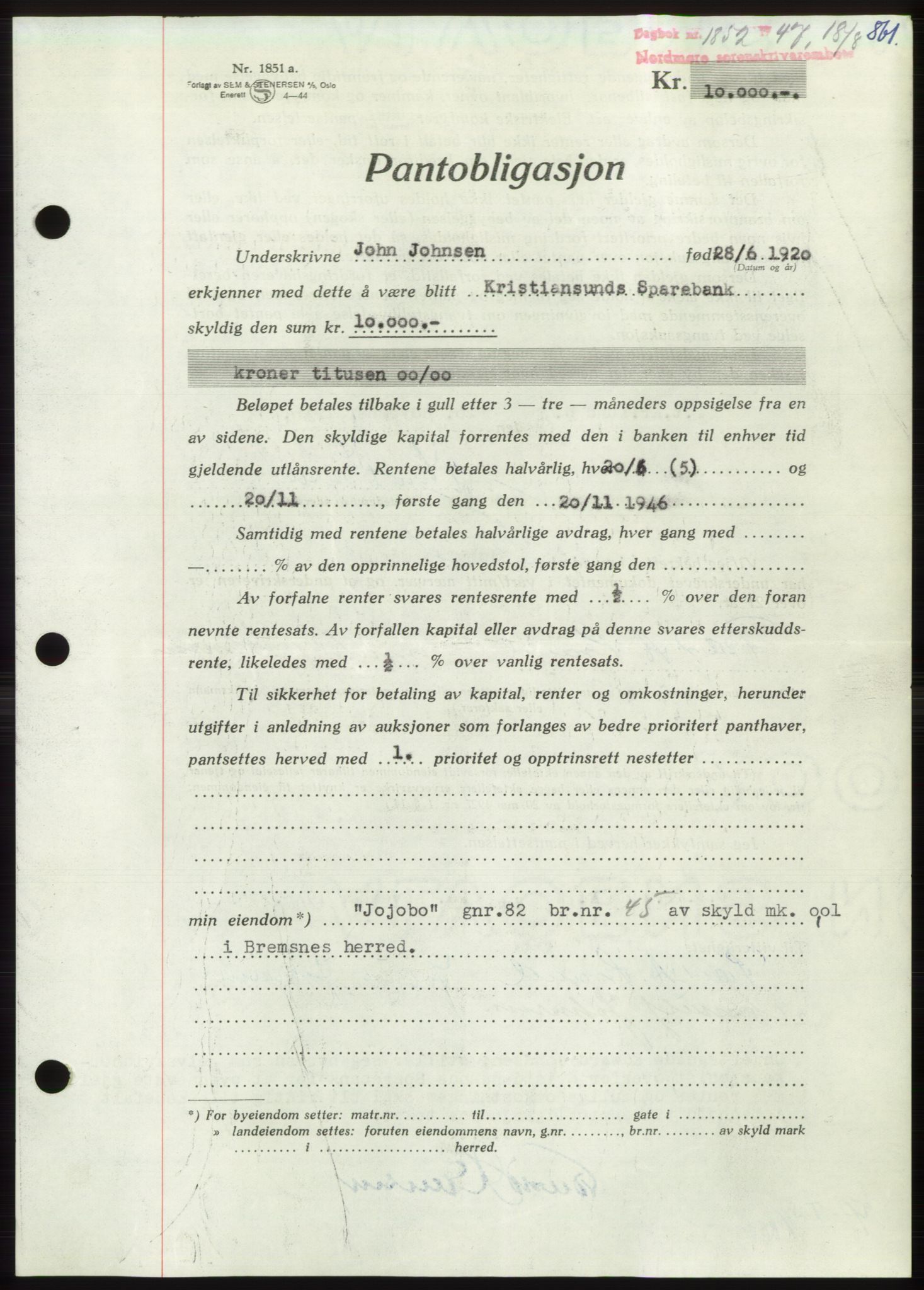 Nordmøre sorenskriveri, AV/SAT-A-4132/1/2/2Ca: Mortgage book no. B96, 1947-1947, Diary no: : 1852/1947