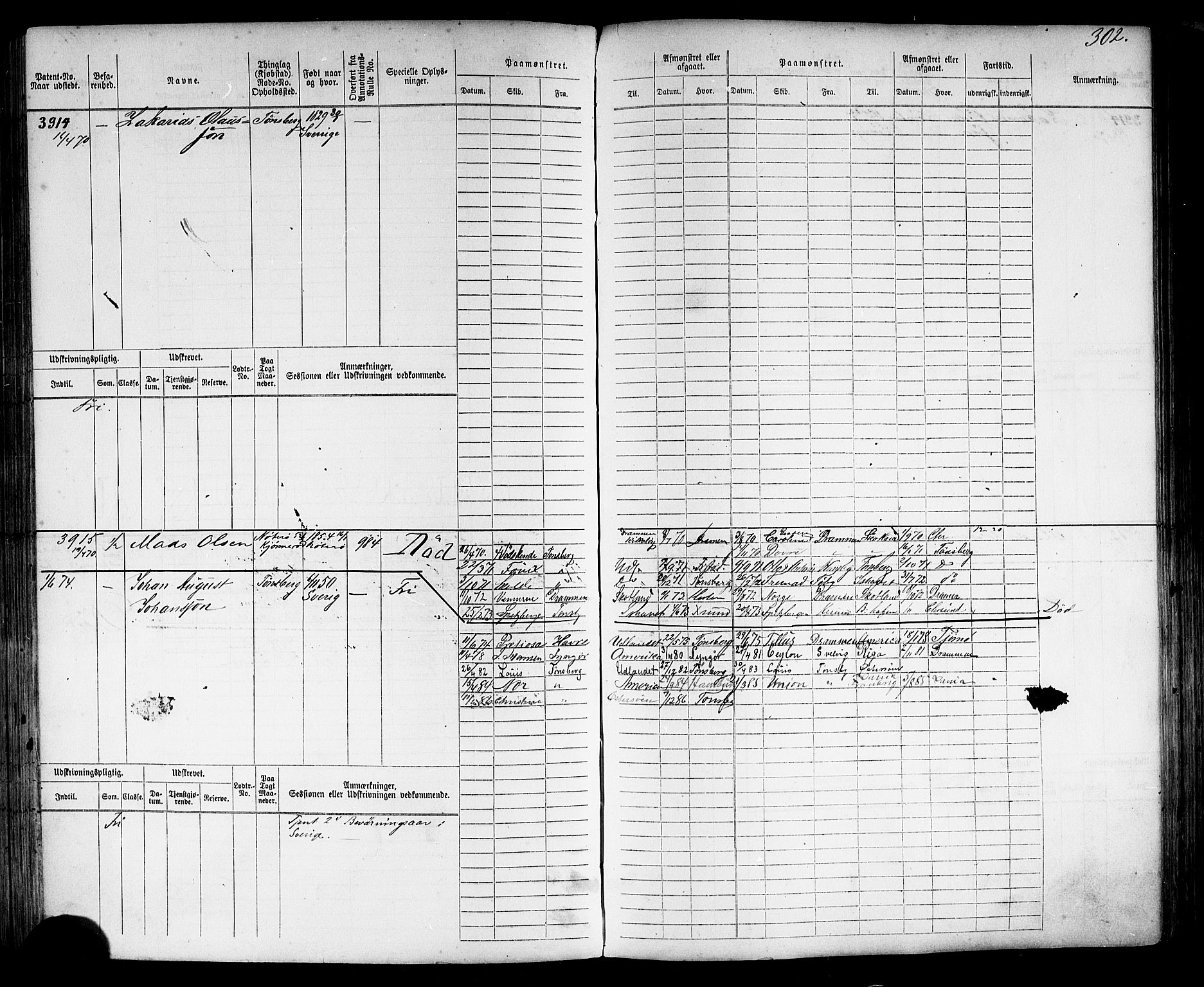 Tønsberg innrulleringskontor, AV/SAKO-A-786/F/Fc/Fca/L0006: Hovedrulle Patent nr. 3313-4407, 1869-1871, p. 306