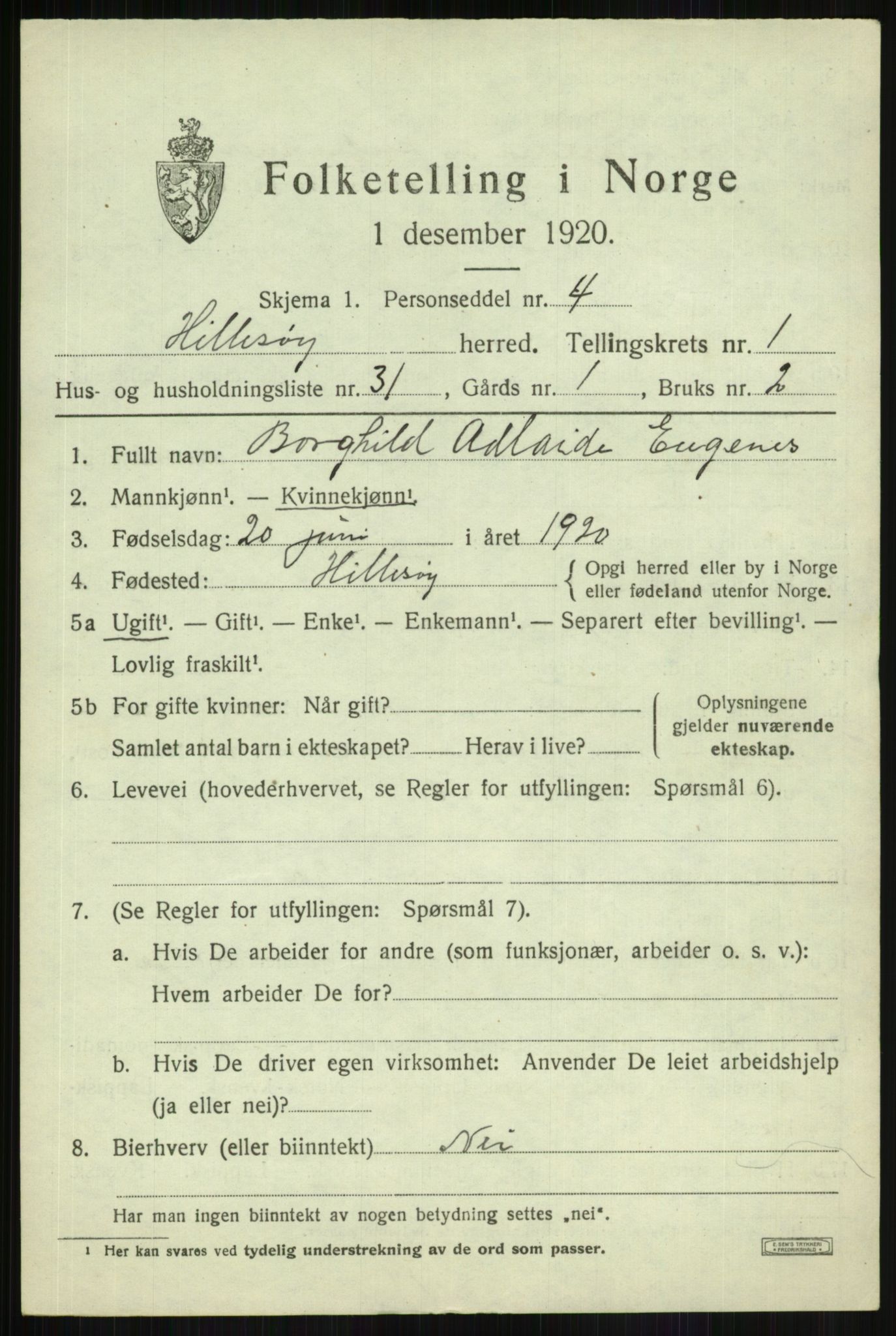 SATØ, 1920 census for Hillesøy, 1920, p. 1089