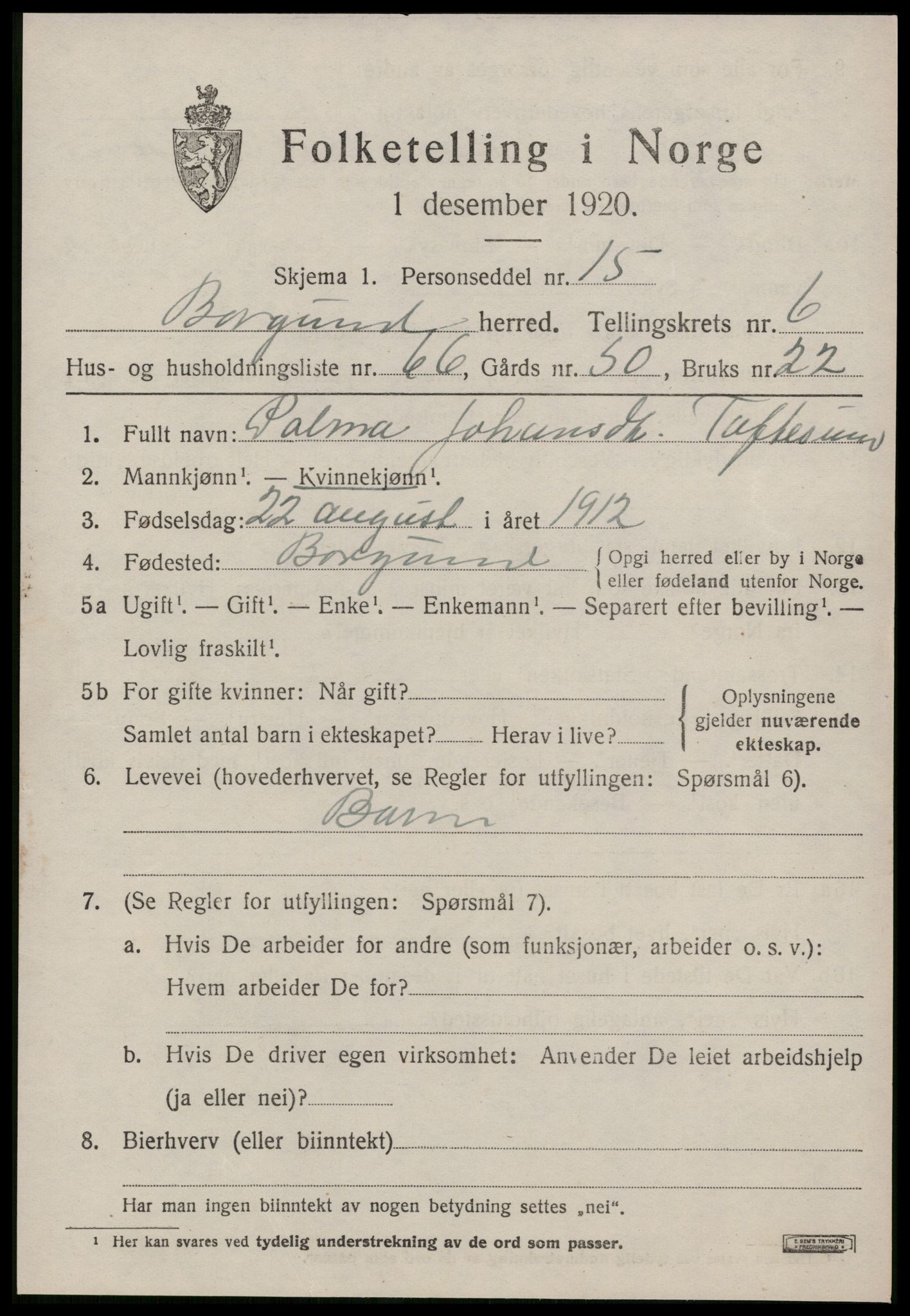 SAT, 1920 census for Borgund, 1920, p. 5990