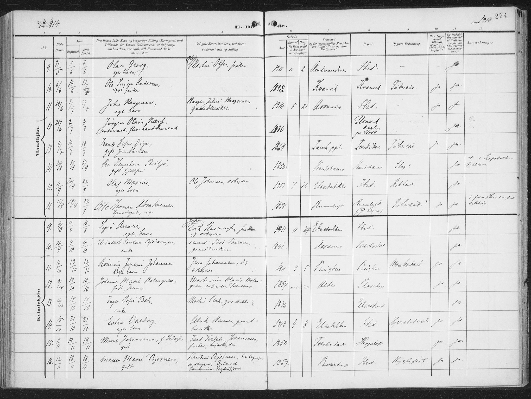 Alta sokneprestkontor, SATØ/S-1338/H/Ha/L0005.kirke: Parish register (official) no. 5, 1904-1918, p. 274