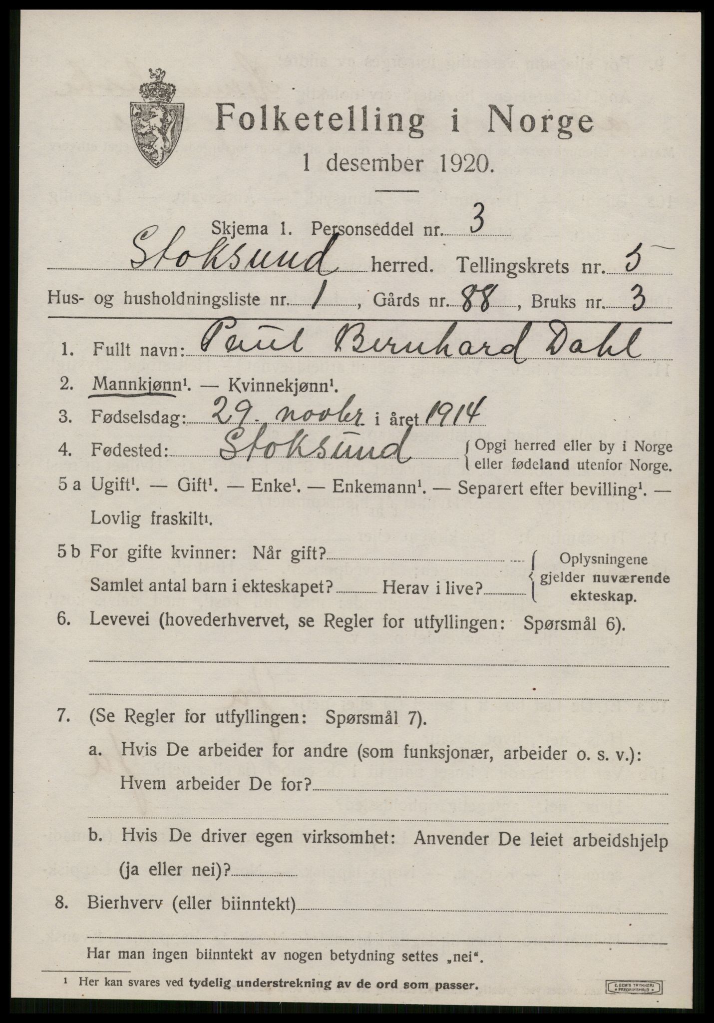 SAT, 1920 census for Stoksund, 1920, p. 2592