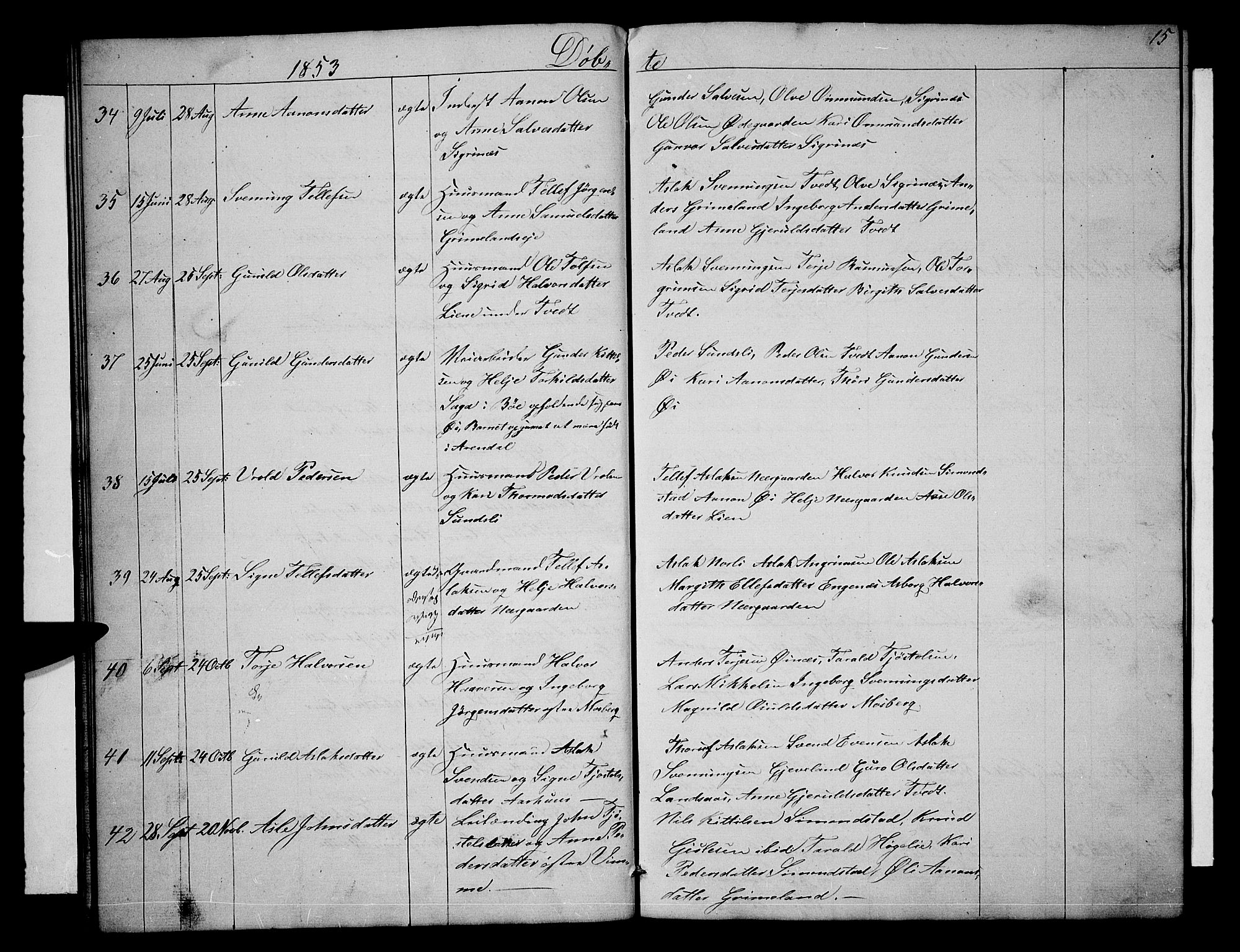 Åmli sokneprestkontor, SAK/1111-0050/F/Fb/Fbc/L0002: Parish register (copy) no. B 2, 1850-1867, p. 15