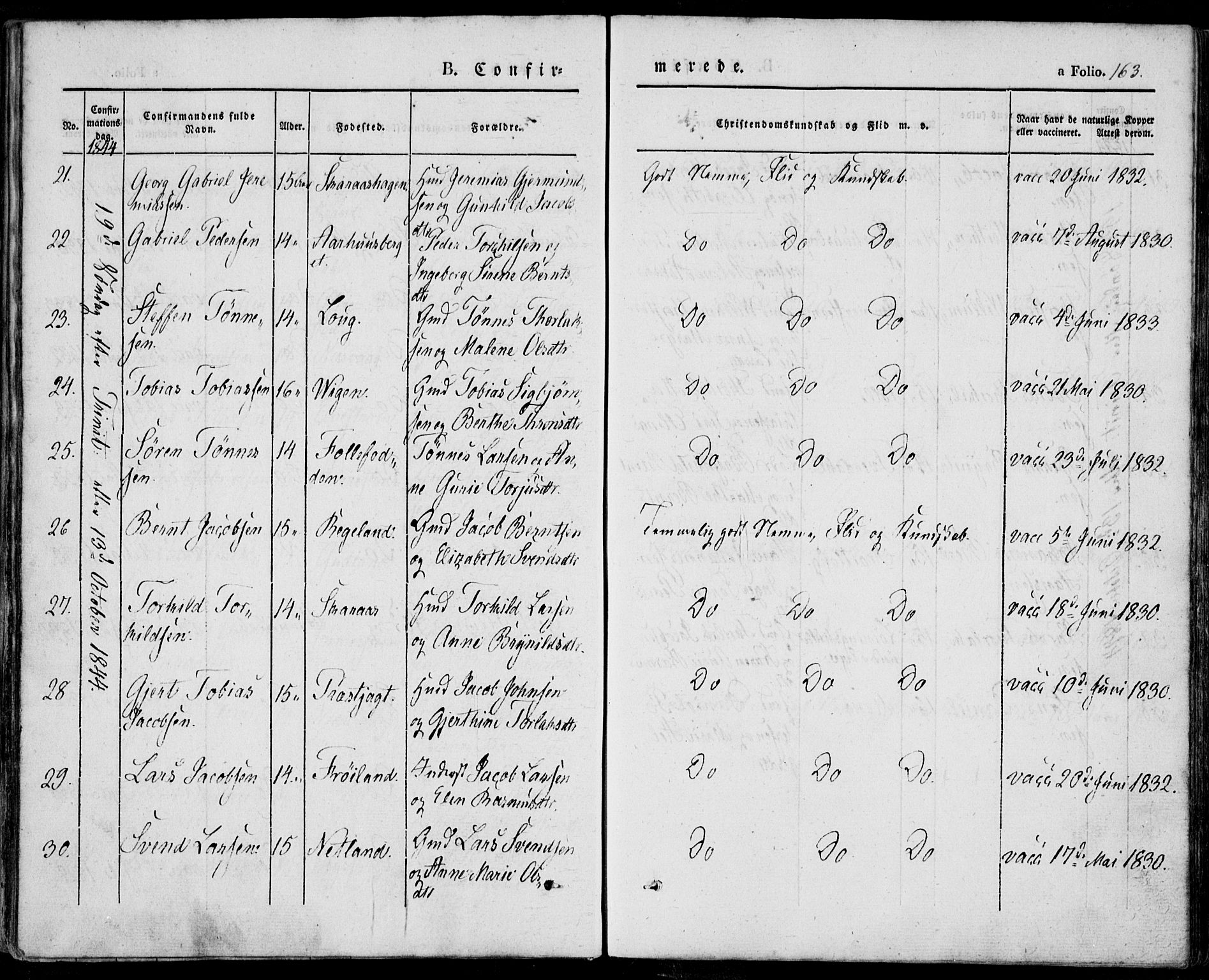 Sokndal sokneprestkontor, AV/SAST-A-101808: Parish register (official) no. A 8.1, 1842-1857, p. 163