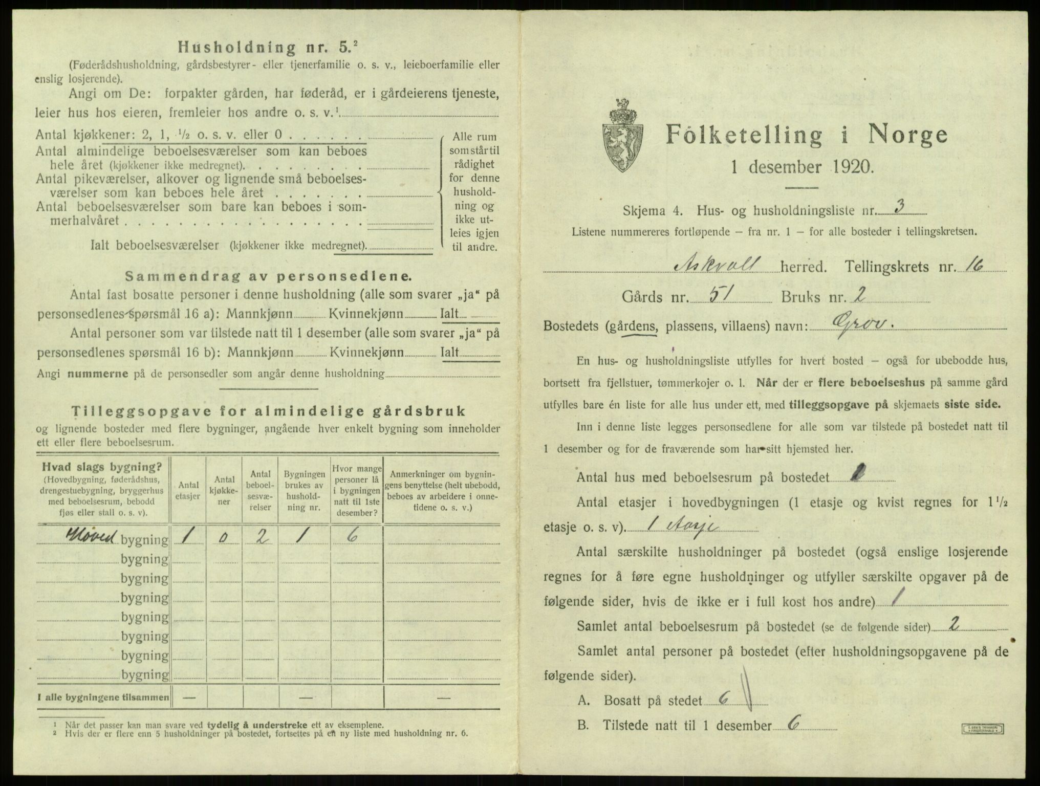 SAB, 1920 census for Askvoll, 1920, p. 839