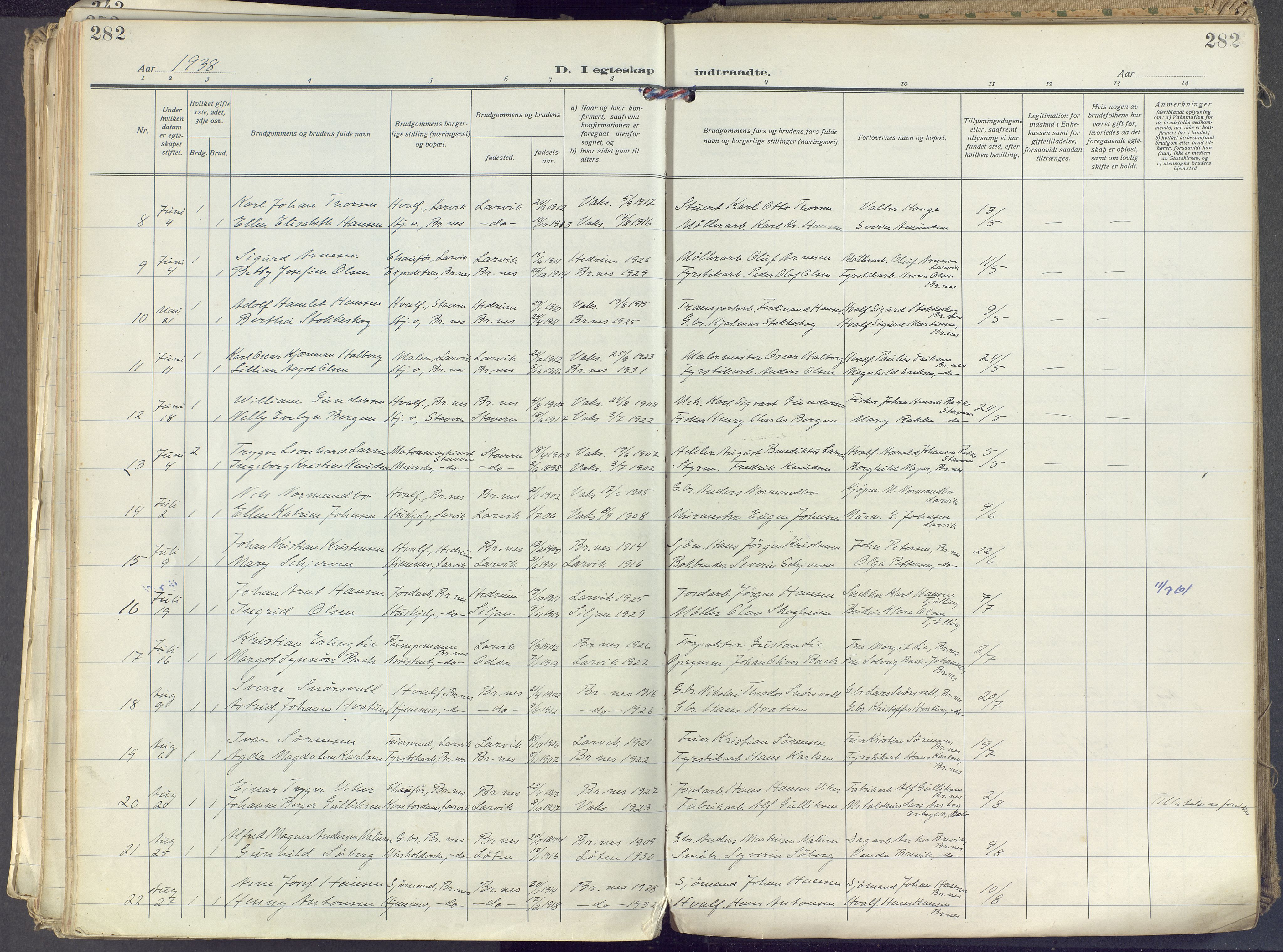 Brunlanes kirkebøker, AV/SAKO-A-342/F/Fc/L0004: Parish register (official) no. III 4, 1923-1943, p. 282