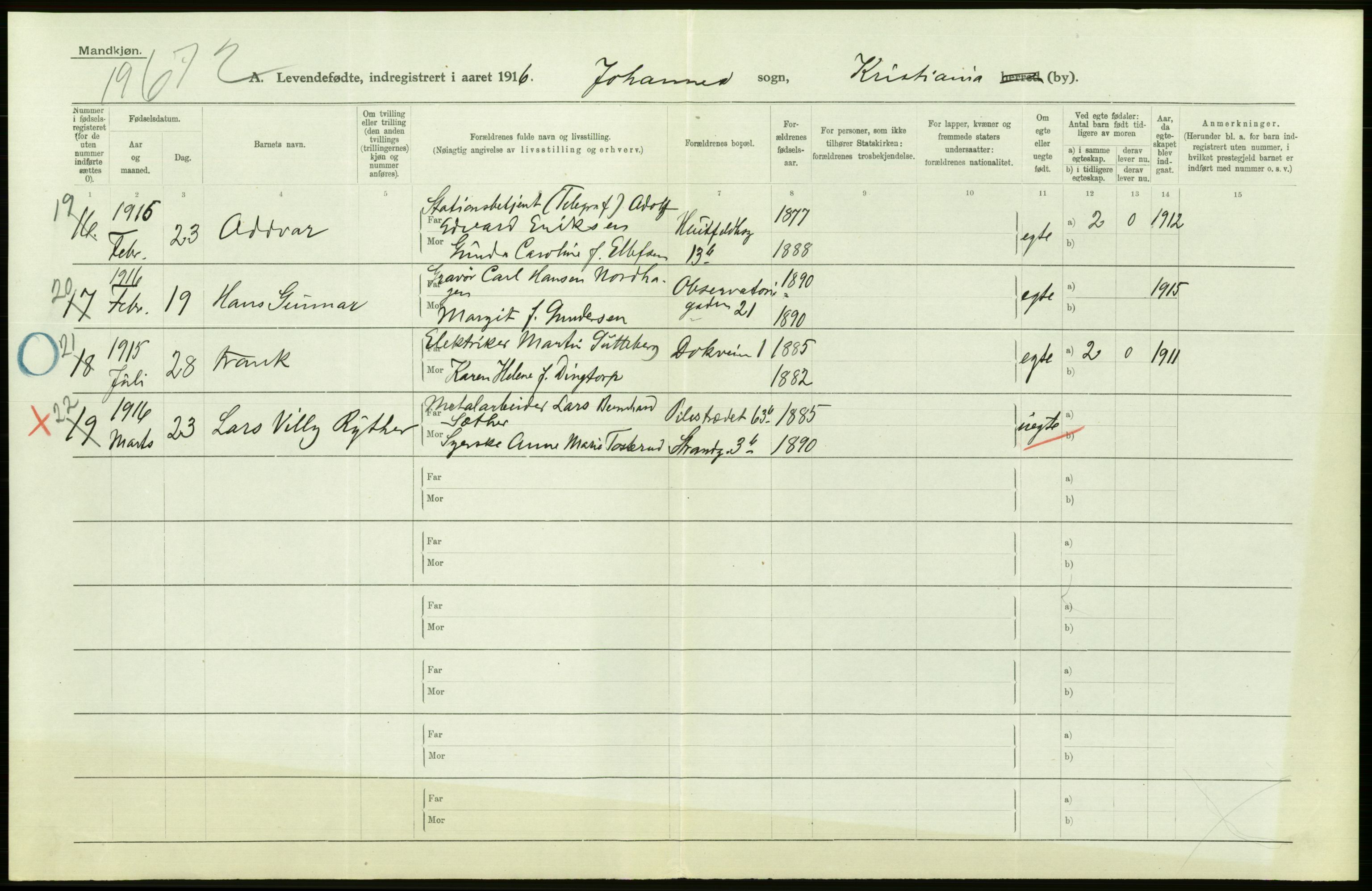 Statistisk sentralbyrå, Sosiodemografiske emner, Befolkning, AV/RA-S-2228/D/Df/Dfb/Dfbf/L0006: Kristiania: Levendefødte menn og kvinner., 1916, p. 650