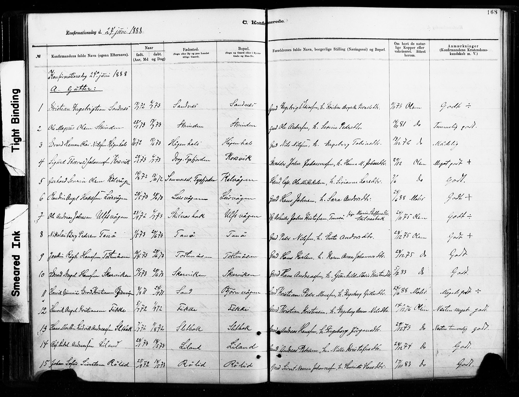 Ministerialprotokoller, klokkerbøker og fødselsregistre - Nordland, SAT/A-1459/859/L0846: Parish register (official) no. 859A06, 1878-1889, p. 168