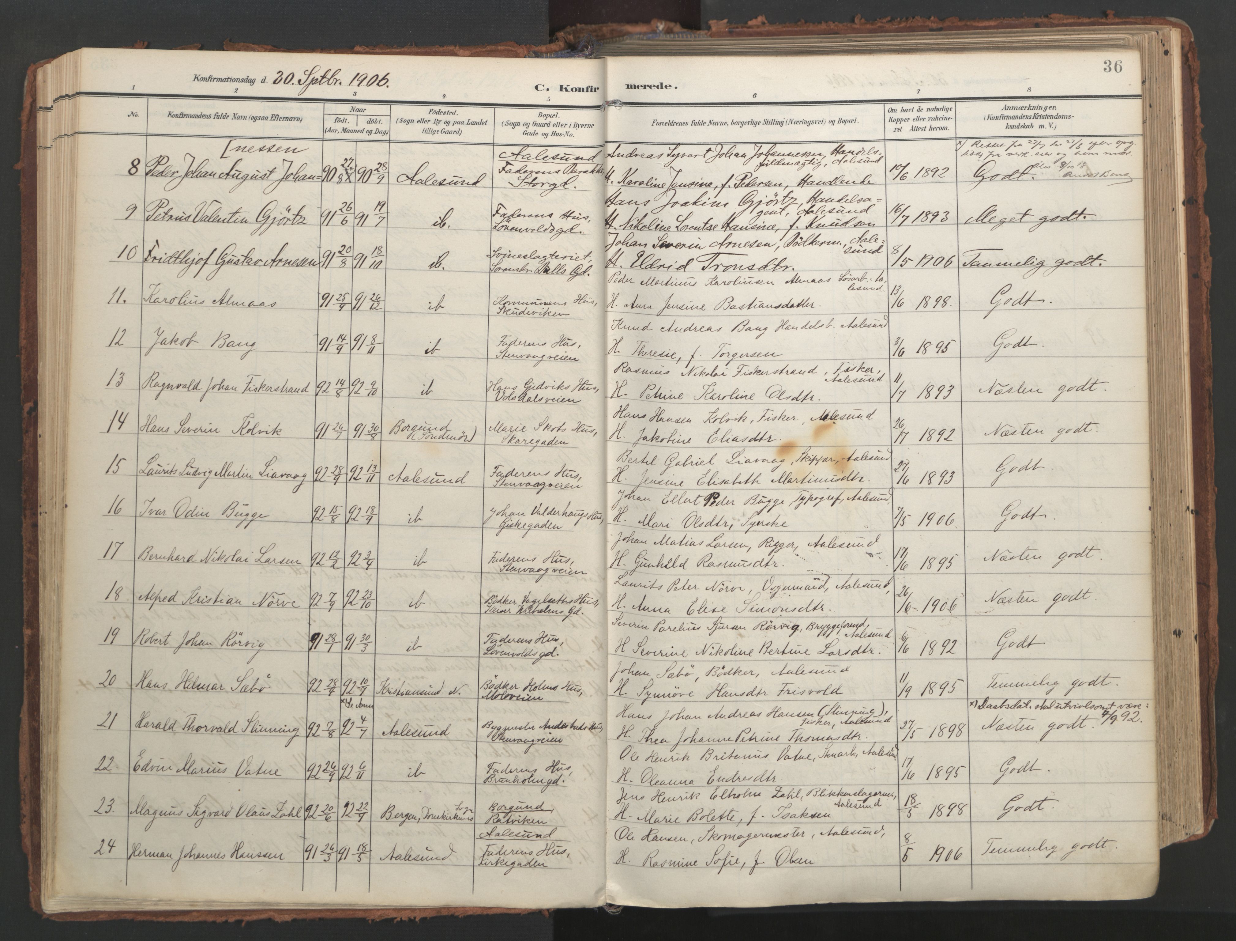 Ministerialprotokoller, klokkerbøker og fødselsregistre - Møre og Romsdal, AV/SAT-A-1454/529/L0459: Parish register (official) no. 529A09, 1904-1917, p. 36