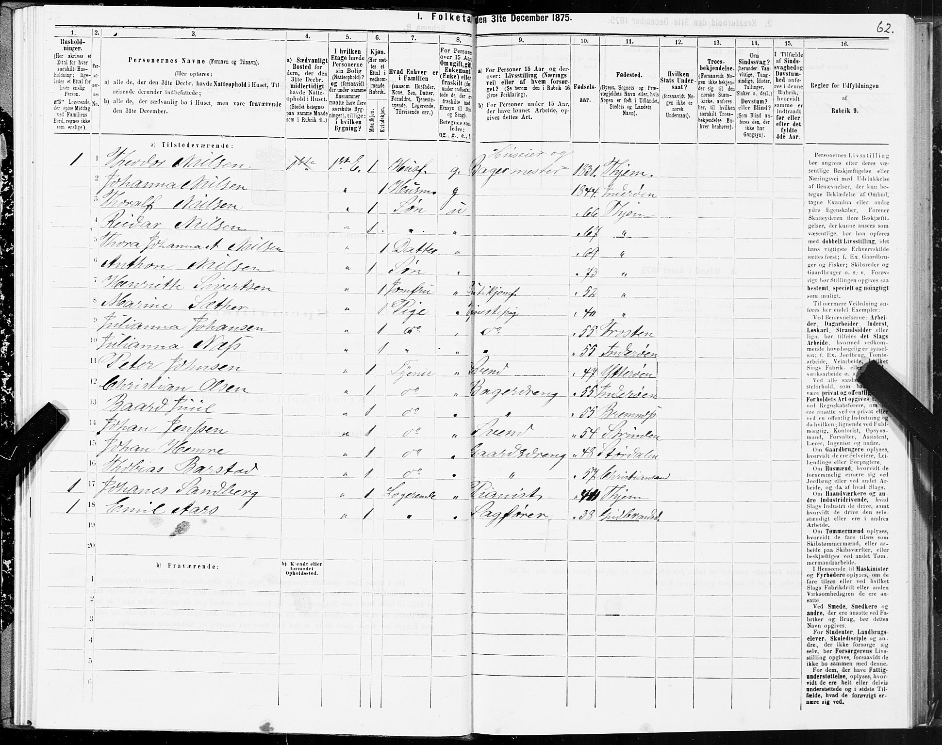 SAT, 1875 census for 1601 Trondheim, 1875, p. 1062