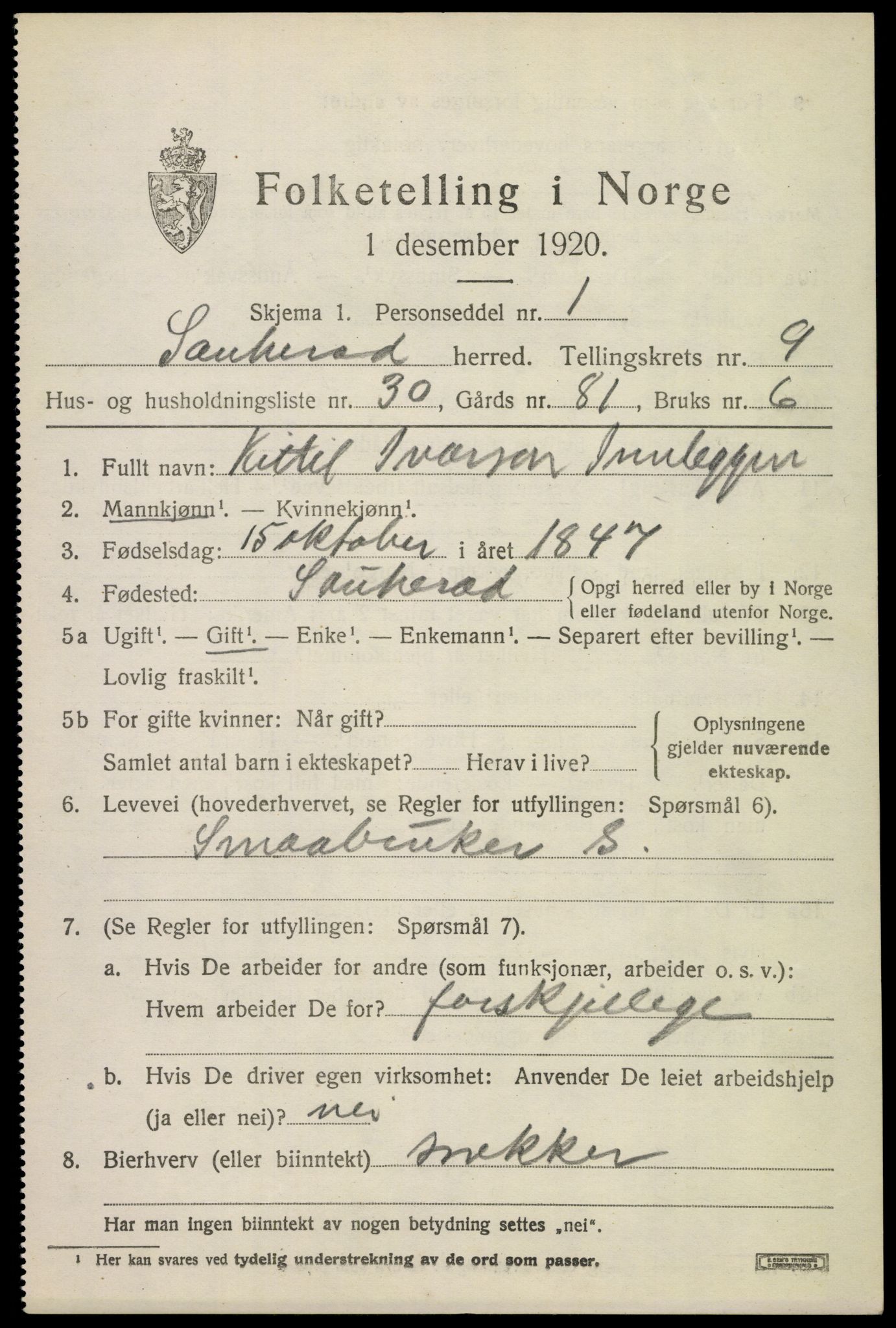 SAKO, 1920 census for Sauherad, 1920, p. 7145