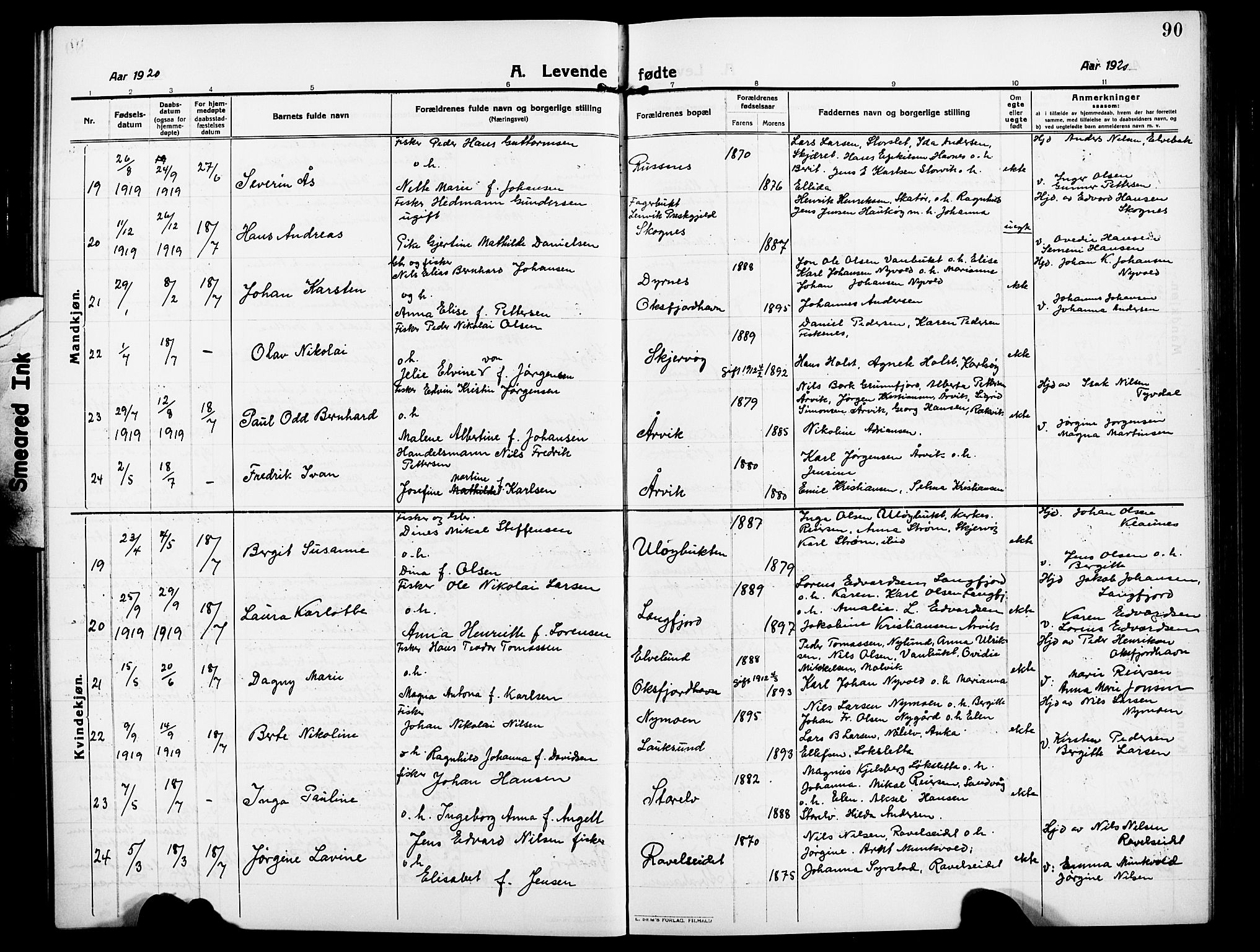 Skjervøy sokneprestkontor, AV/SATØ-S-1300/H/Ha/Hab/L0009klokker: Parish register (copy) no. 9, 1911-1926, p. 90