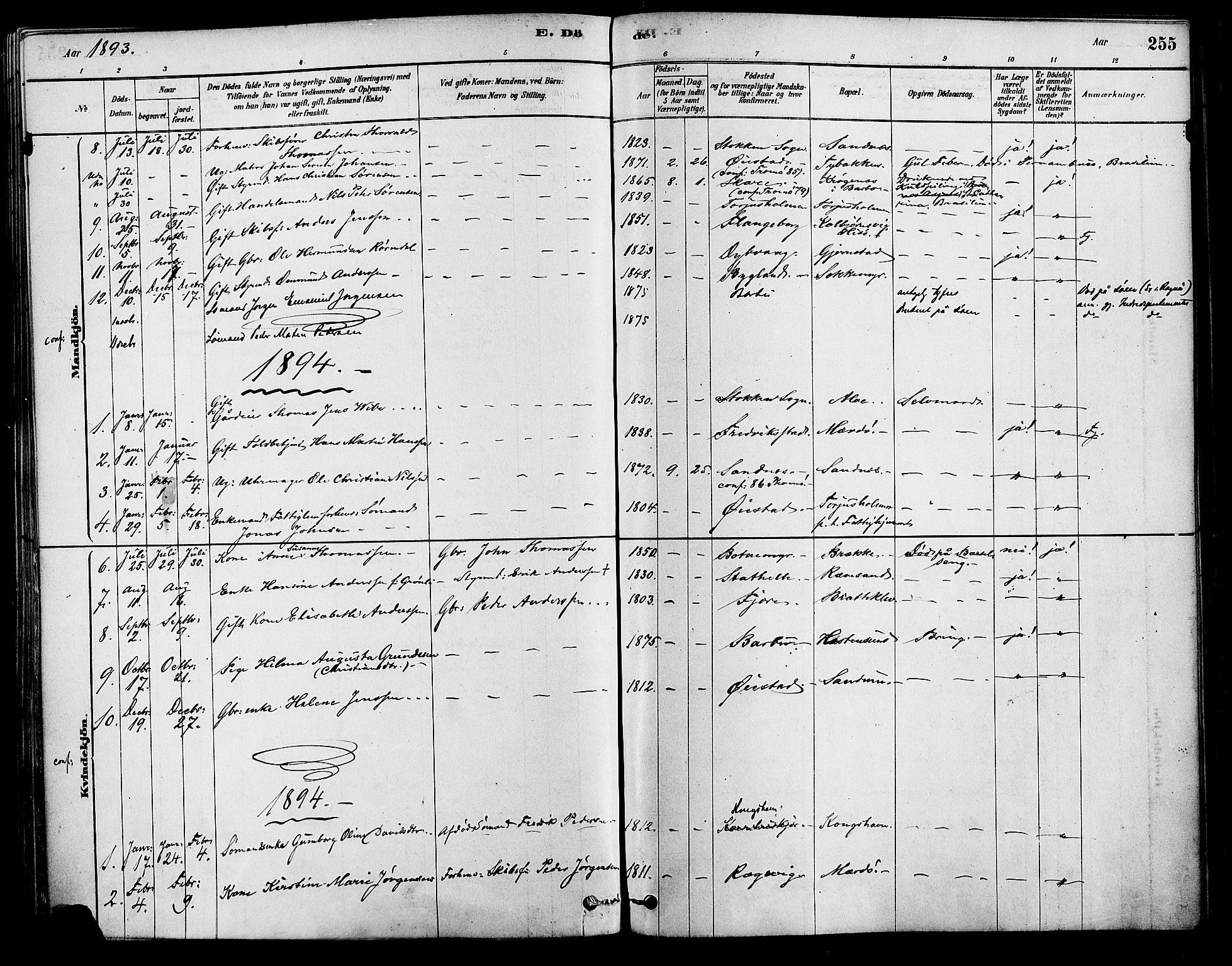 Tromøy sokneprestkontor, AV/SAK-1111-0041/F/Fa/L0009: Parish register (official) no. A 9, 1878-1896, p. 255