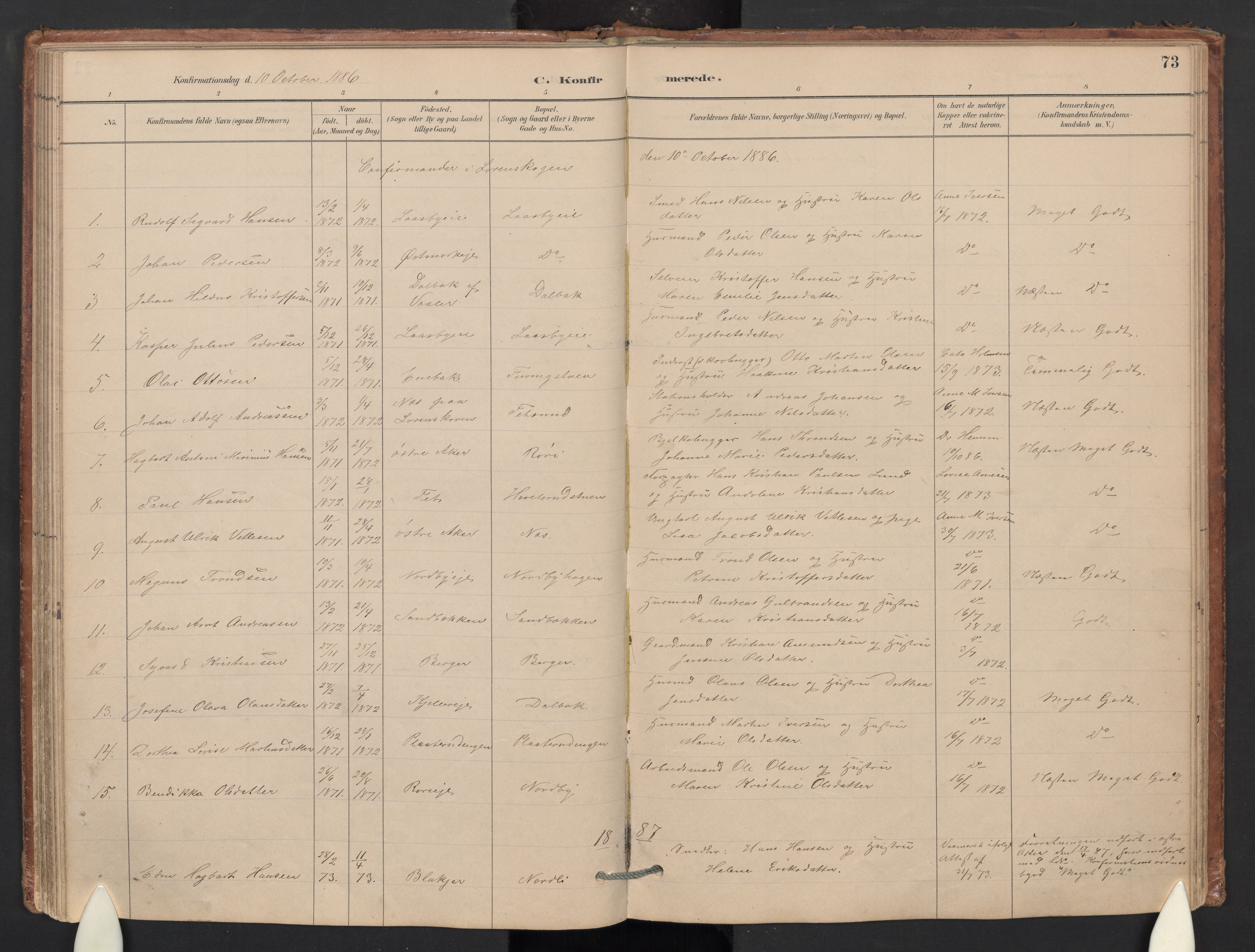 Skedsmo prestekontor Kirkebøker, SAO/A-10033a/G/Gb/L0001: Parish register (copy) no. II 1, 1883-1903, p. 73