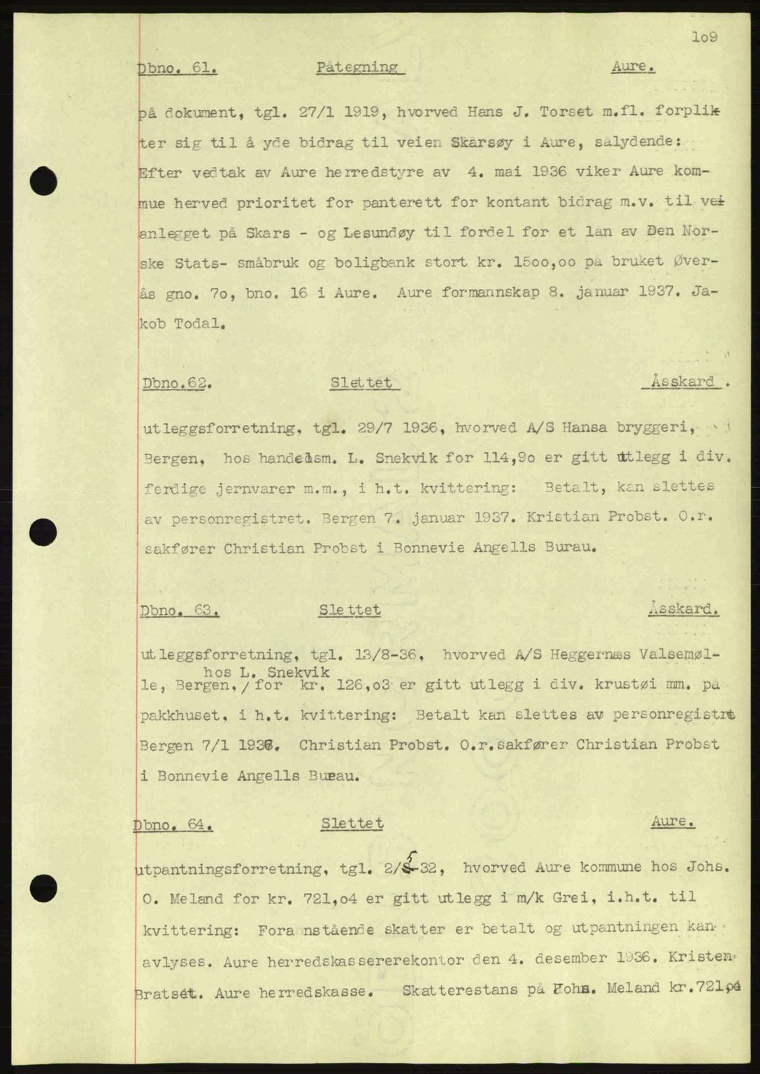 Nordmøre sorenskriveri, AV/SAT-A-4132/1/2/2Ca: Mortgage book no. C80, 1936-1939, Diary no: : 61/1937