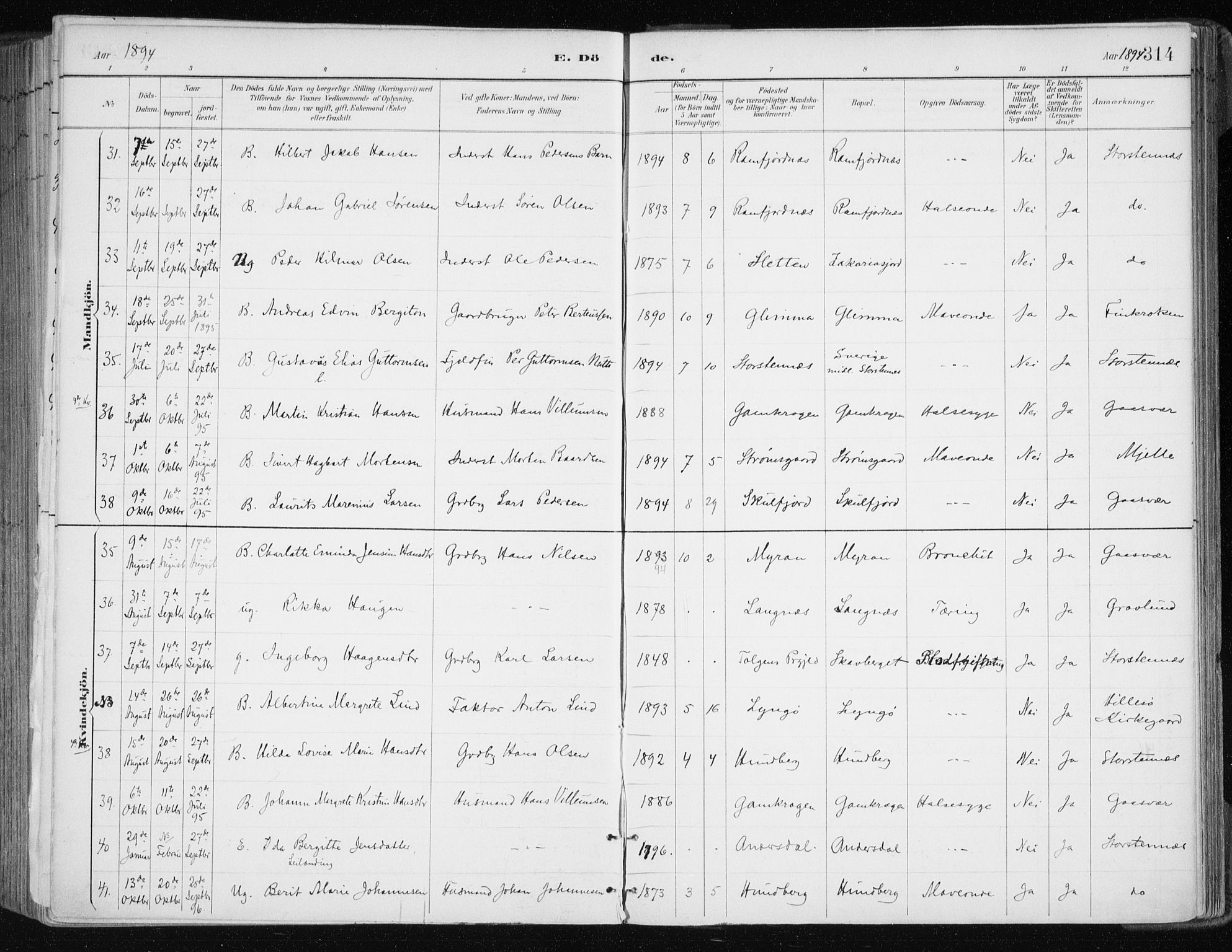 Tromsøysund sokneprestkontor, AV/SATØ-S-1304/G/Ga/L0005kirke: Parish register (official) no. 5, 1888-1896, p. 314