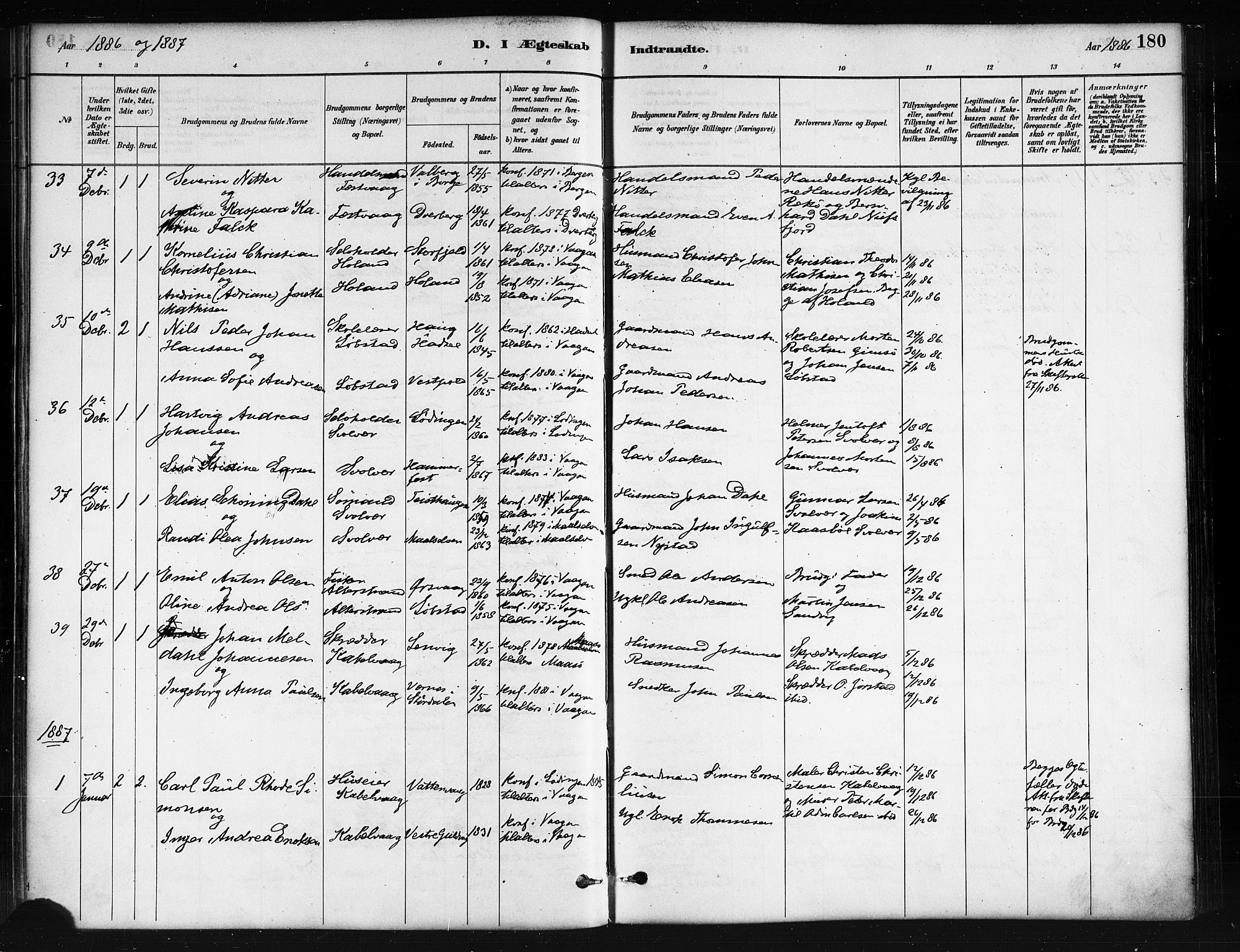 Ministerialprotokoller, klokkerbøker og fødselsregistre - Nordland, AV/SAT-A-1459/874/L1059: Parish register (official) no. 874A03, 1884-1890, p. 180