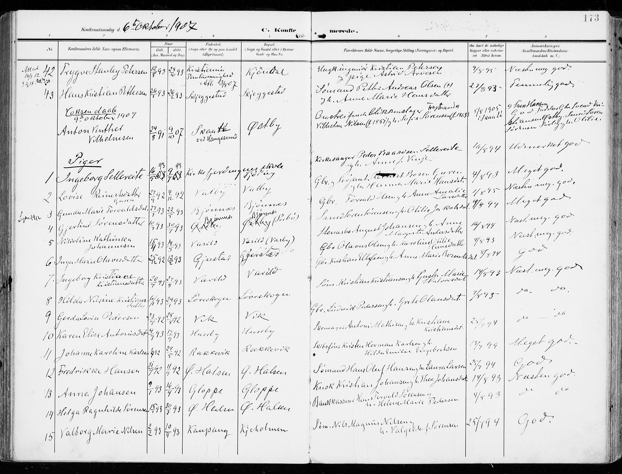 Tjølling kirkebøker, AV/SAKO-A-60/F/Fa/L0010: Parish register (official) no. 10, 1906-1923, p. 173