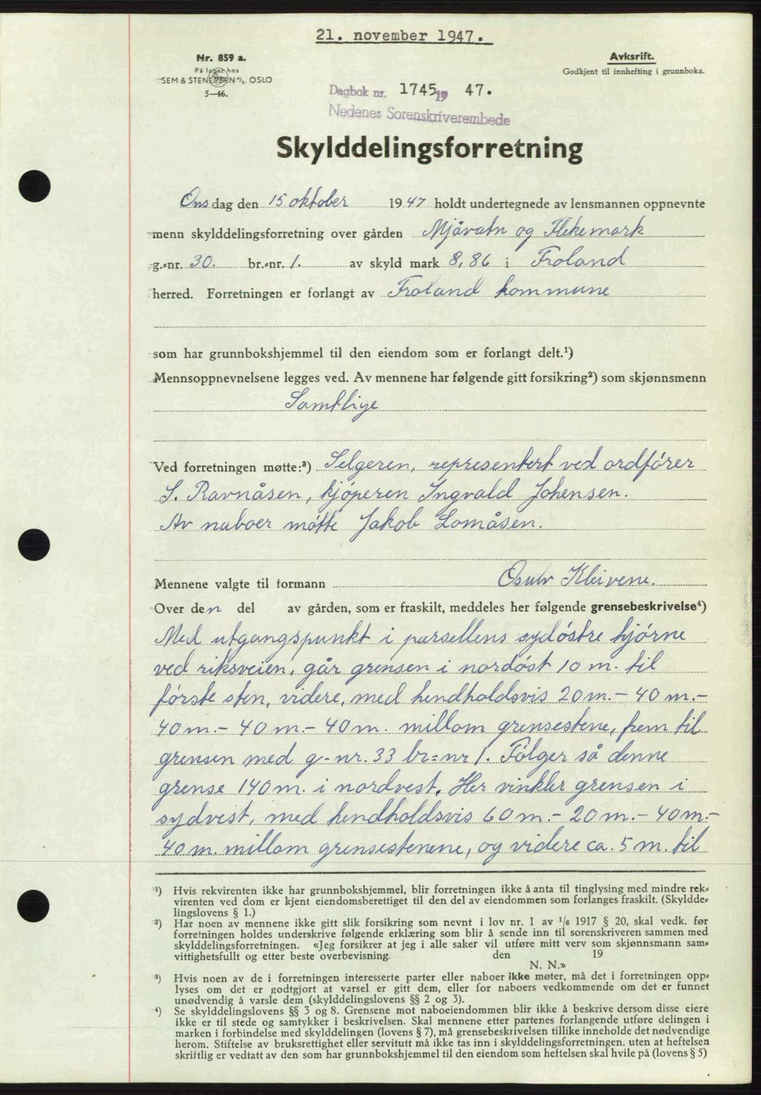 Nedenes sorenskriveri, AV/SAK-1221-0006/G/Gb/Gba/L0058: Mortgage book no. A10, 1947-1948, Diary no: : 1745/1947