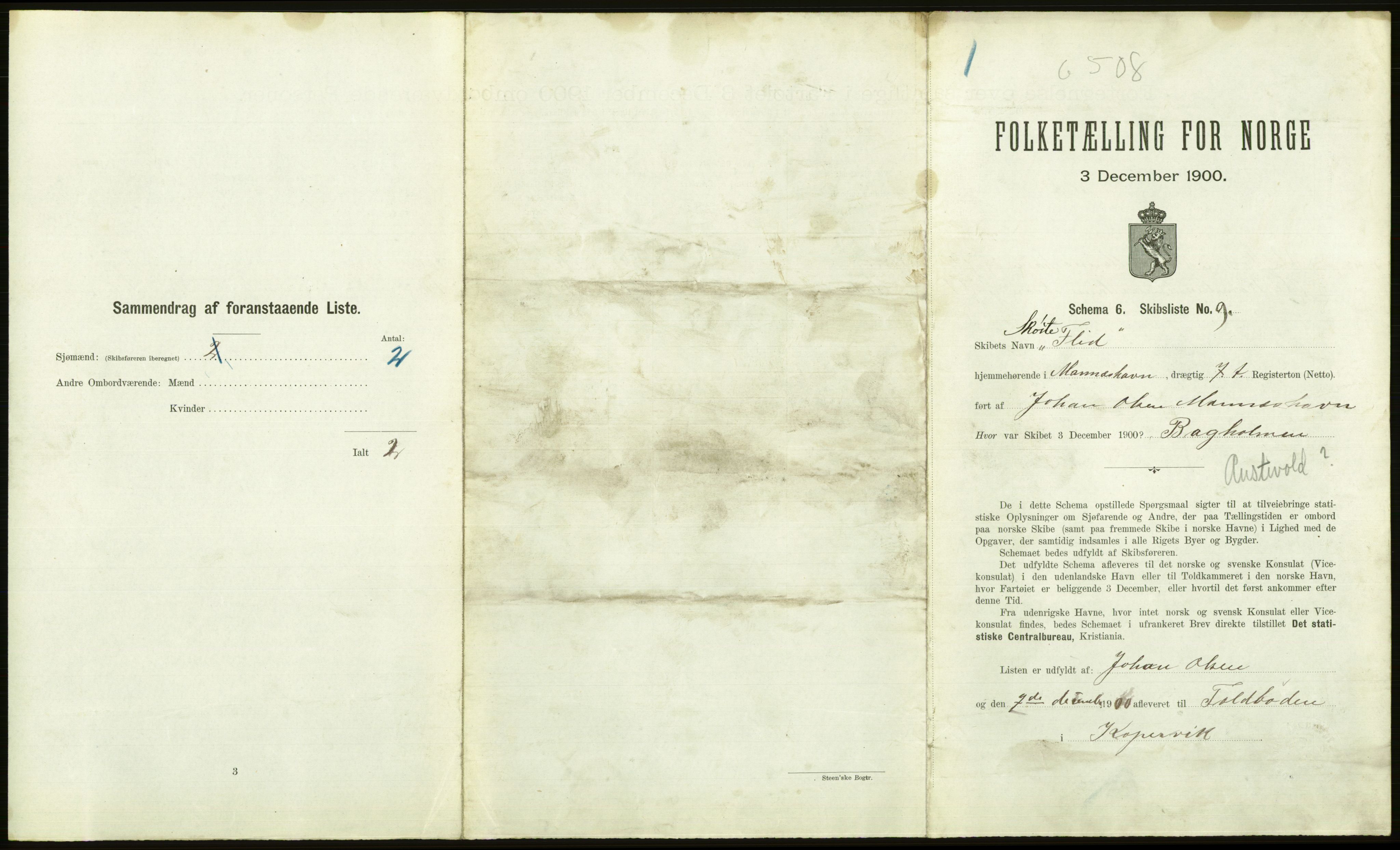 RA, 1900 Census - ship lists from ships in Norwegian harbours, harbours abroad and at sea, 1900, p. 1077