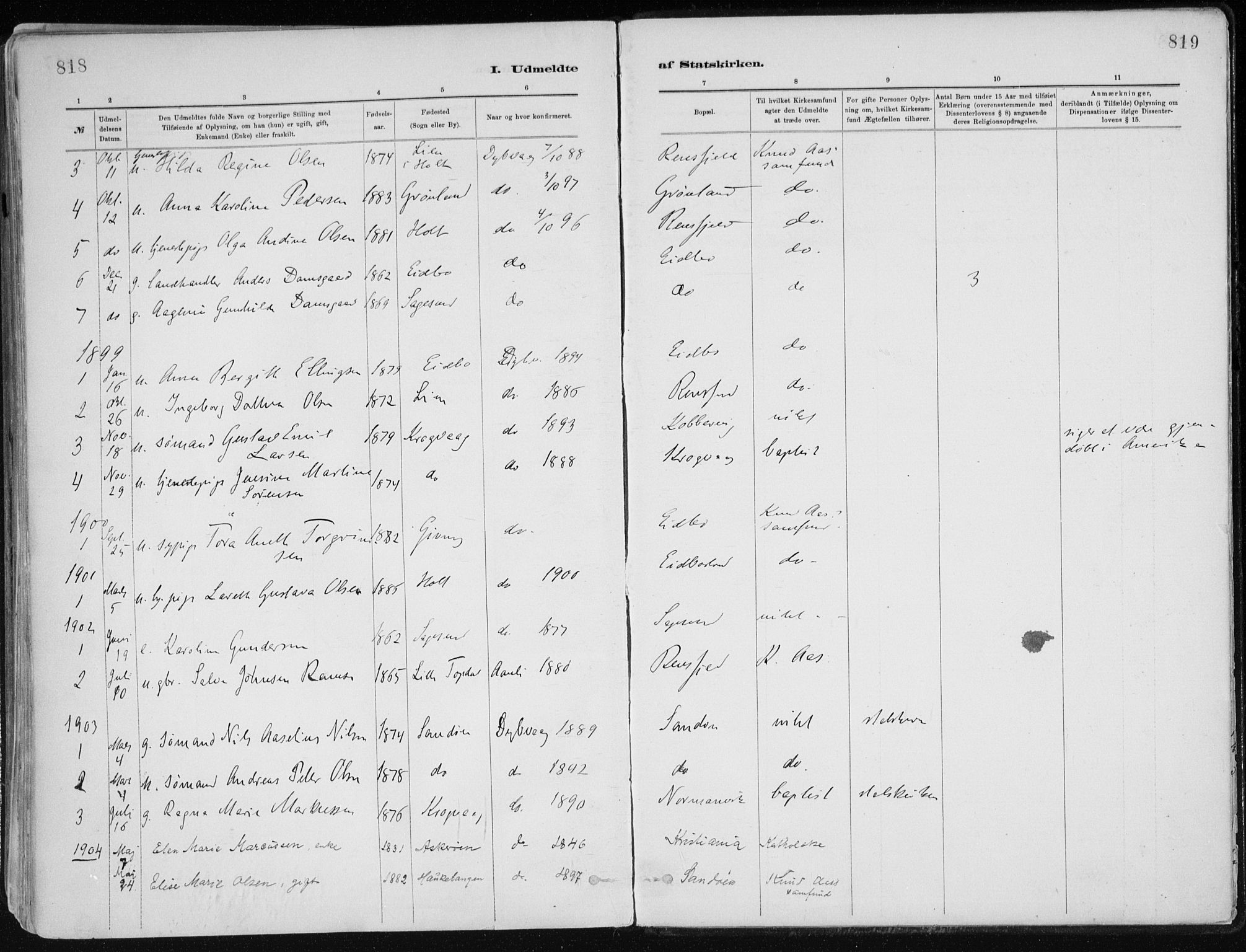 Dypvåg sokneprestkontor, AV/SAK-1111-0007/F/Fa/Faa/L0008: Parish register (official) no. A 8, 1885-1906, p. 818-819