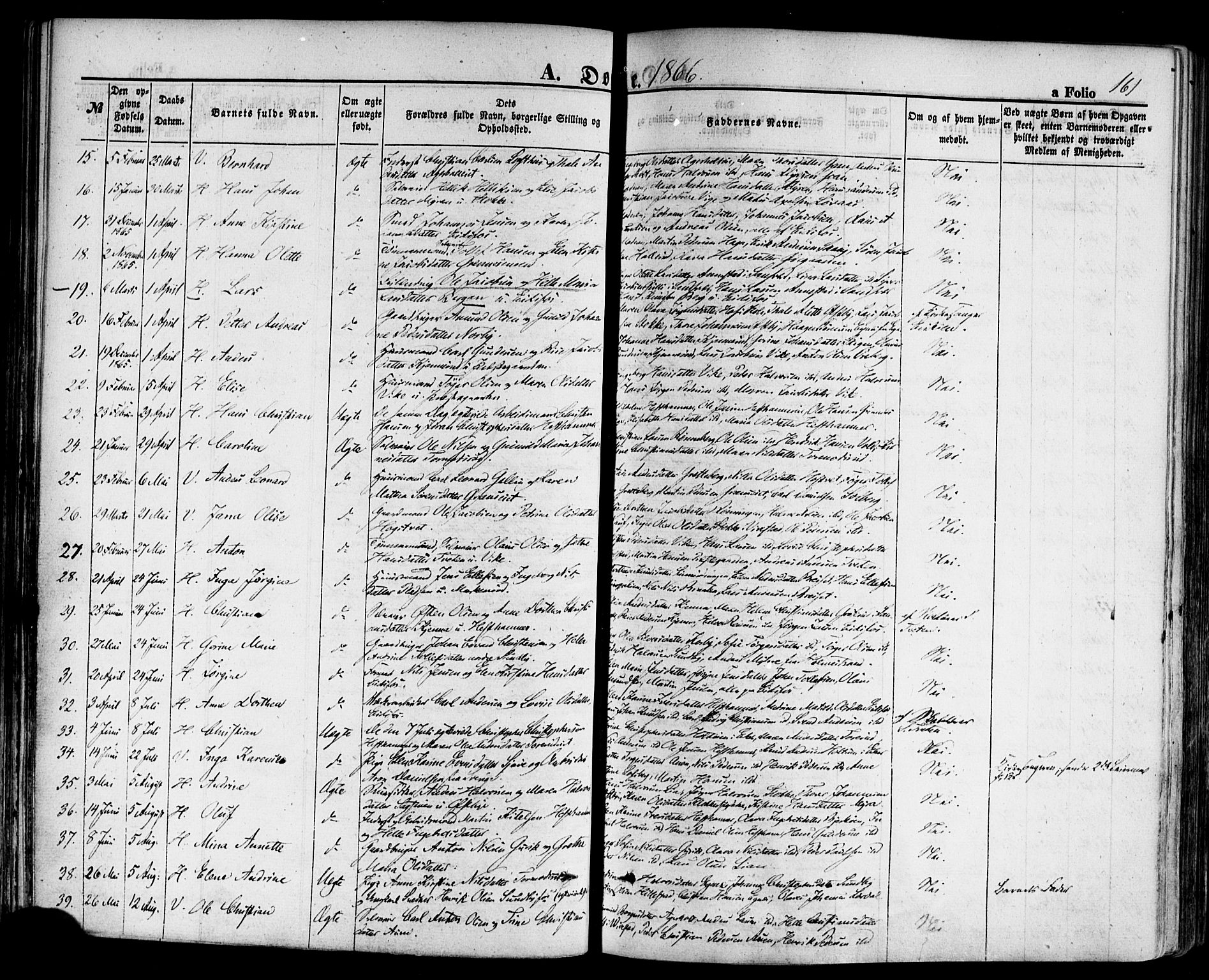 Hof kirkebøker, AV/SAKO-A-64/F/Fa/L0006: Parish register (official) no. I 6, 1851-1877, p. 161