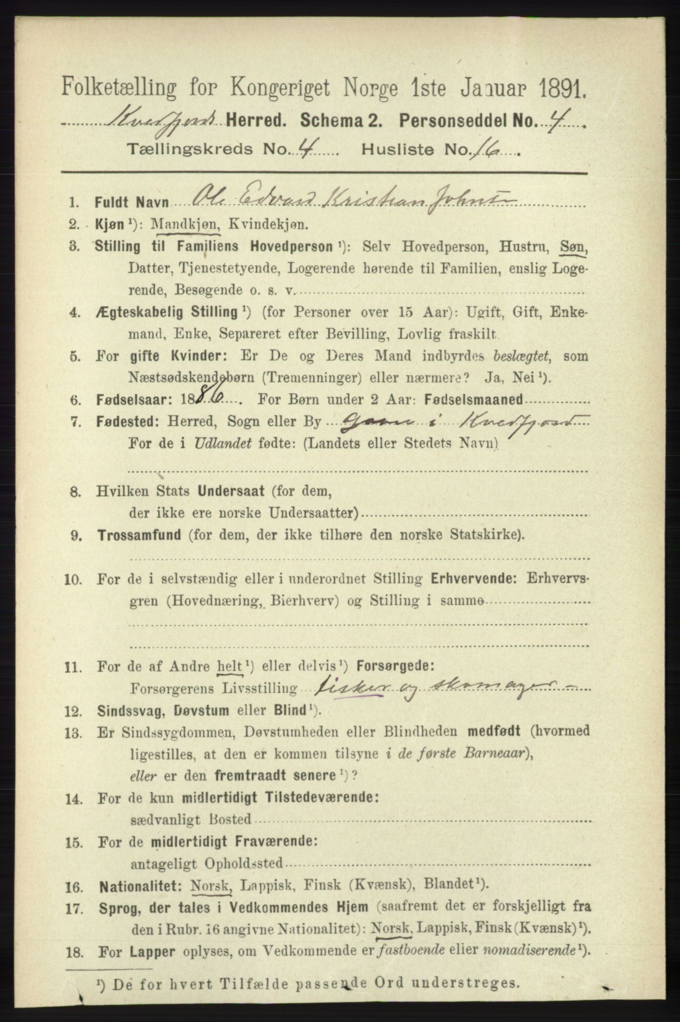 RA, 1891 census for 1911 Kvæfjord, 1891, p. 1987